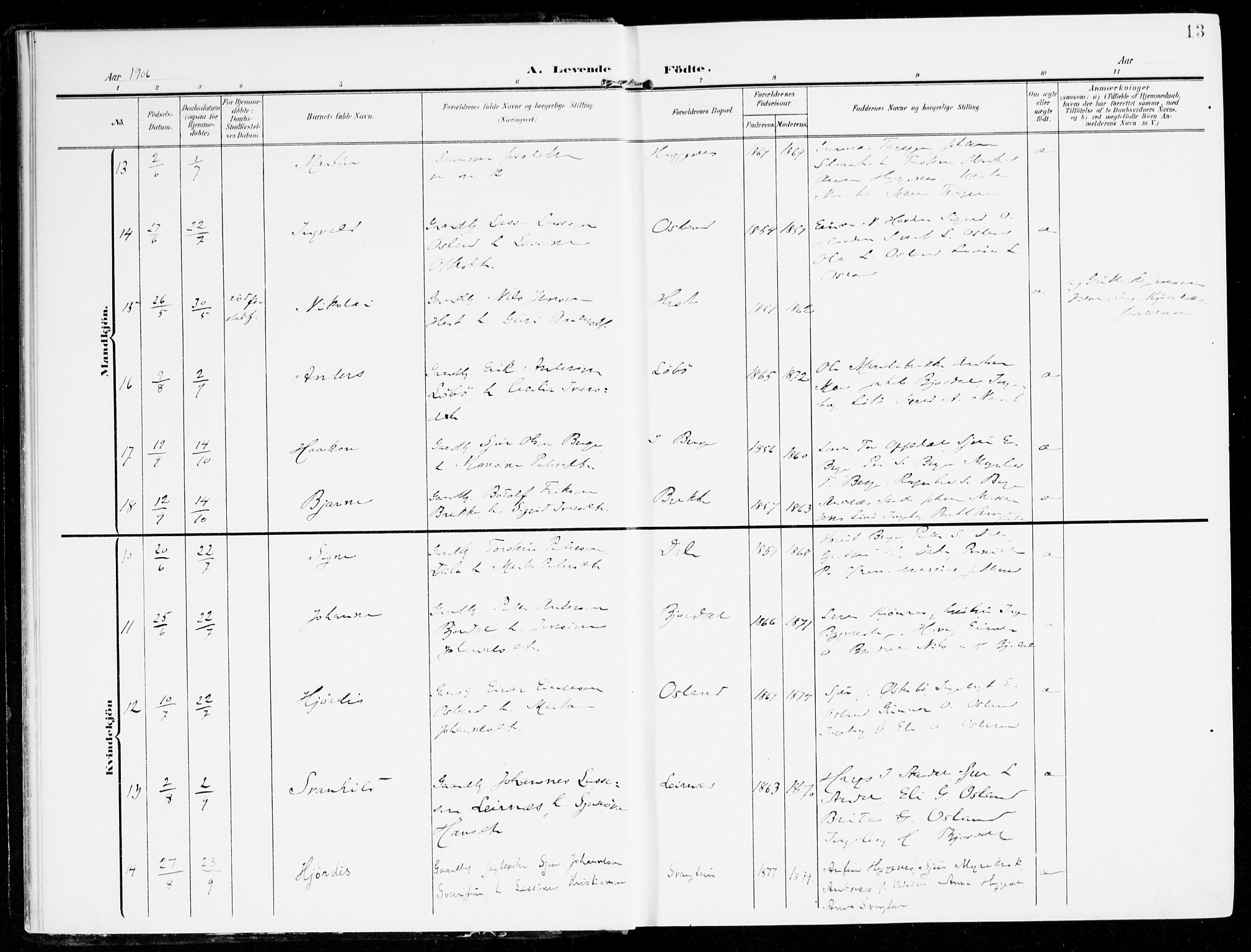 Lavik sokneprestembete, AV/SAB-A-80901: Ministerialbok nr. C 2, 1904-1921, s. 13