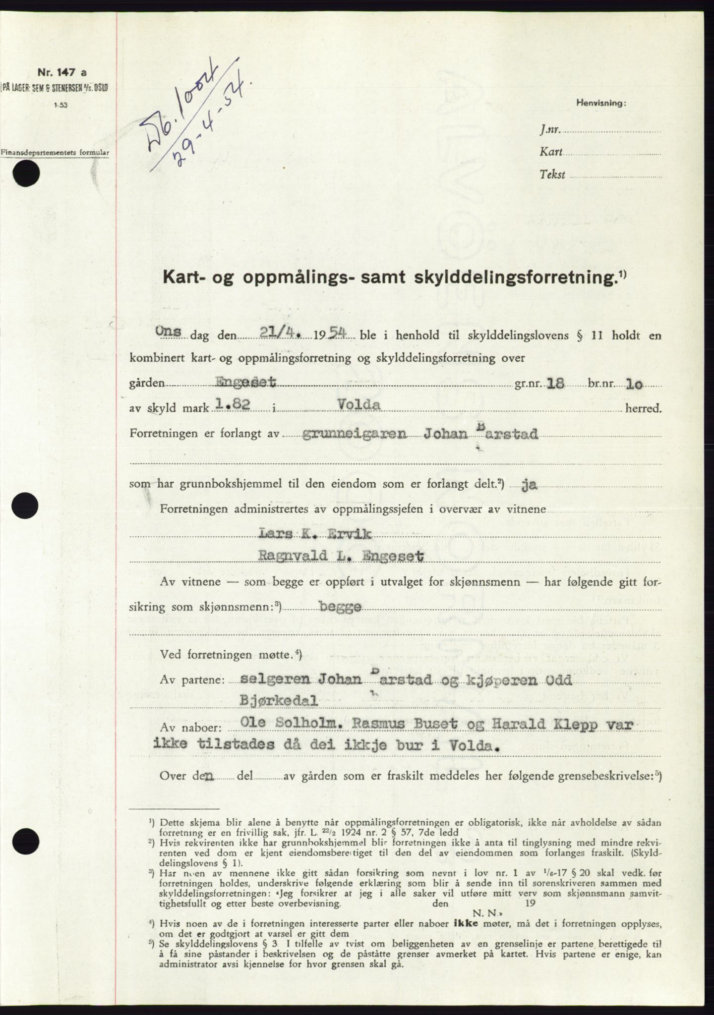Søre Sunnmøre sorenskriveri, SAT/A-4122/1/2/2C/L0097: Pantebok nr. 23A, 1954-1954, Dagboknr: 1004/1954