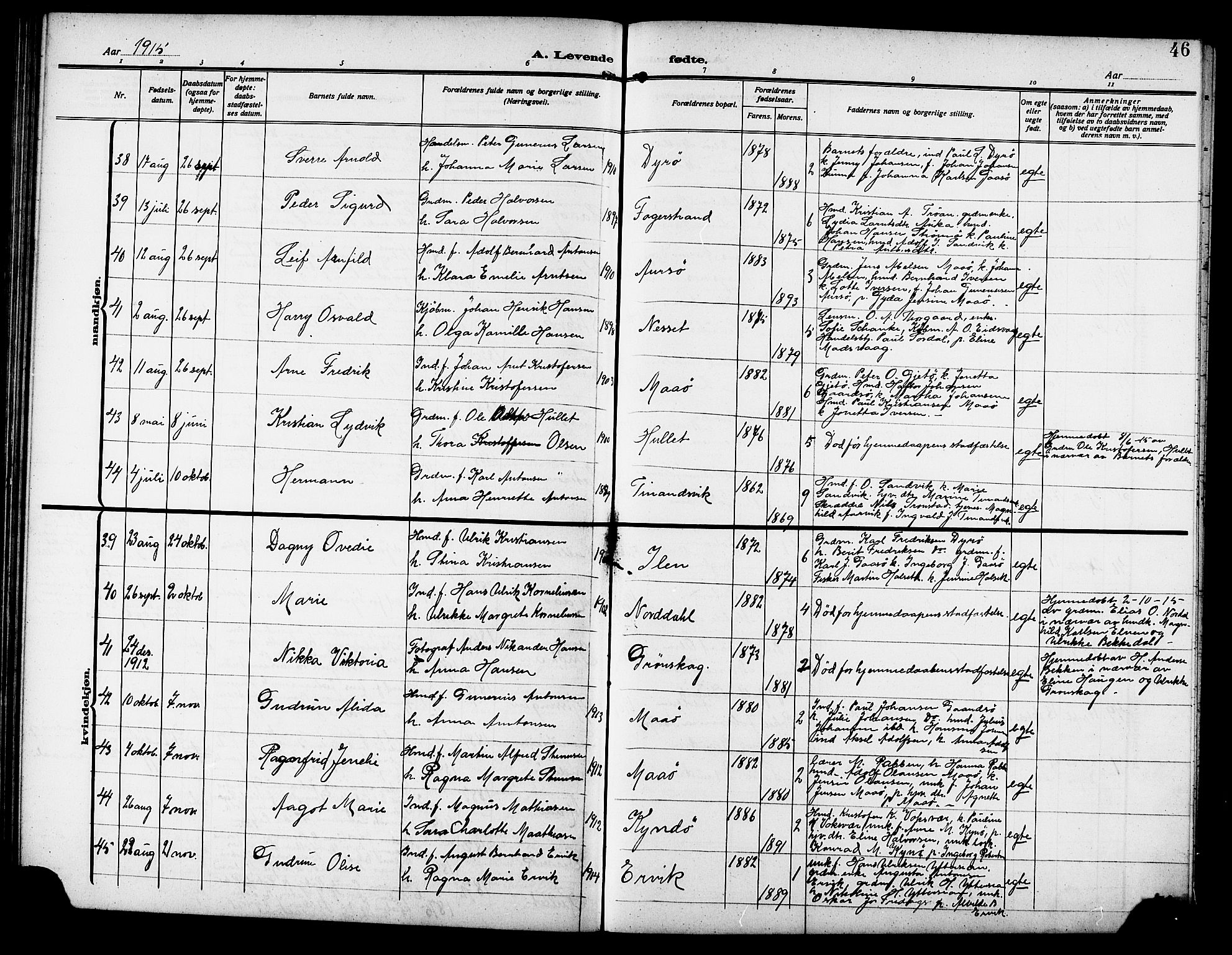 Ministerialprotokoller, klokkerbøker og fødselsregistre - Sør-Trøndelag, AV/SAT-A-1456/640/L0588: Klokkerbok nr. 640C05, 1909-1922, s. 46