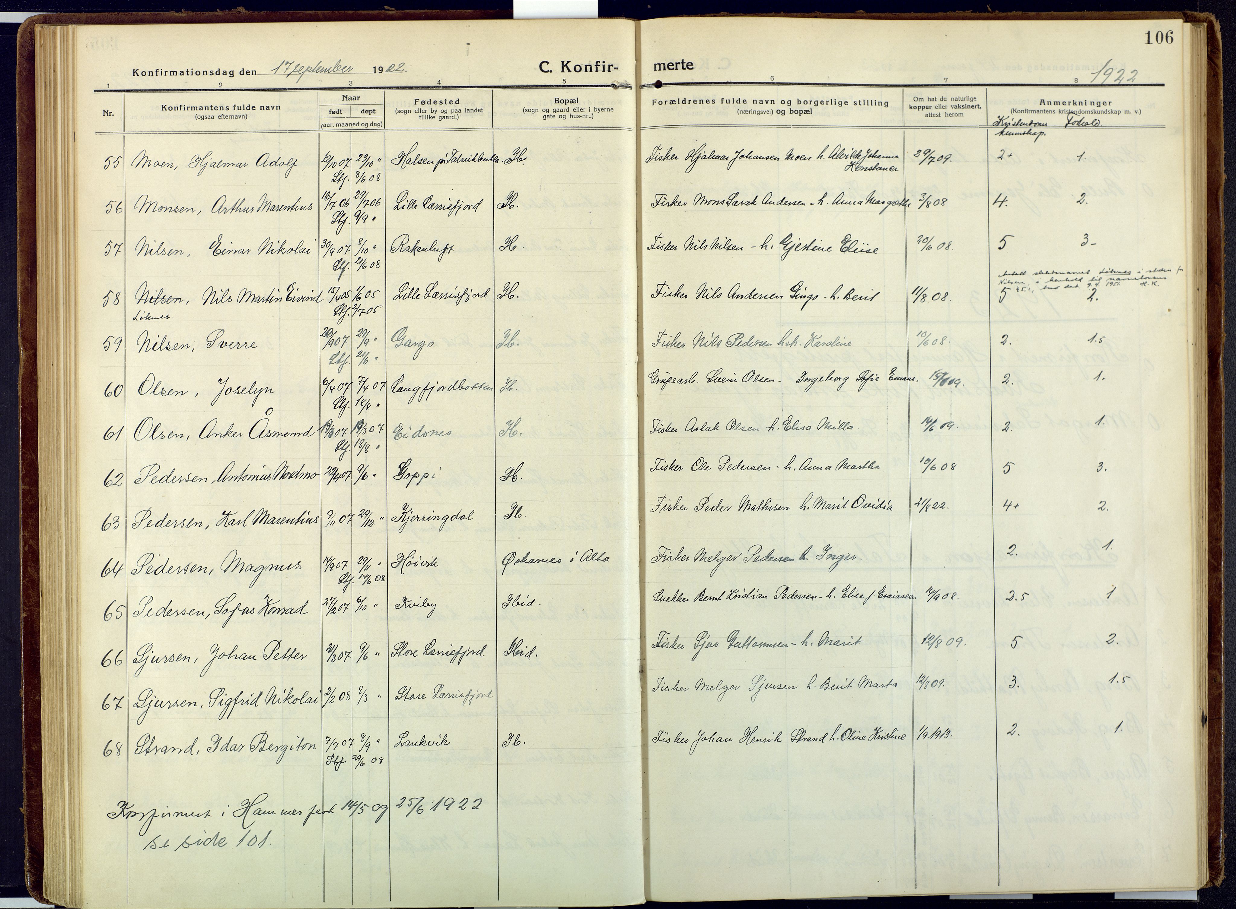 Talvik sokneprestkontor, AV/SATØ-S-1337/H/Ha/L0018kirke: Ministerialbok nr. 18, 1915-1924, s. 106