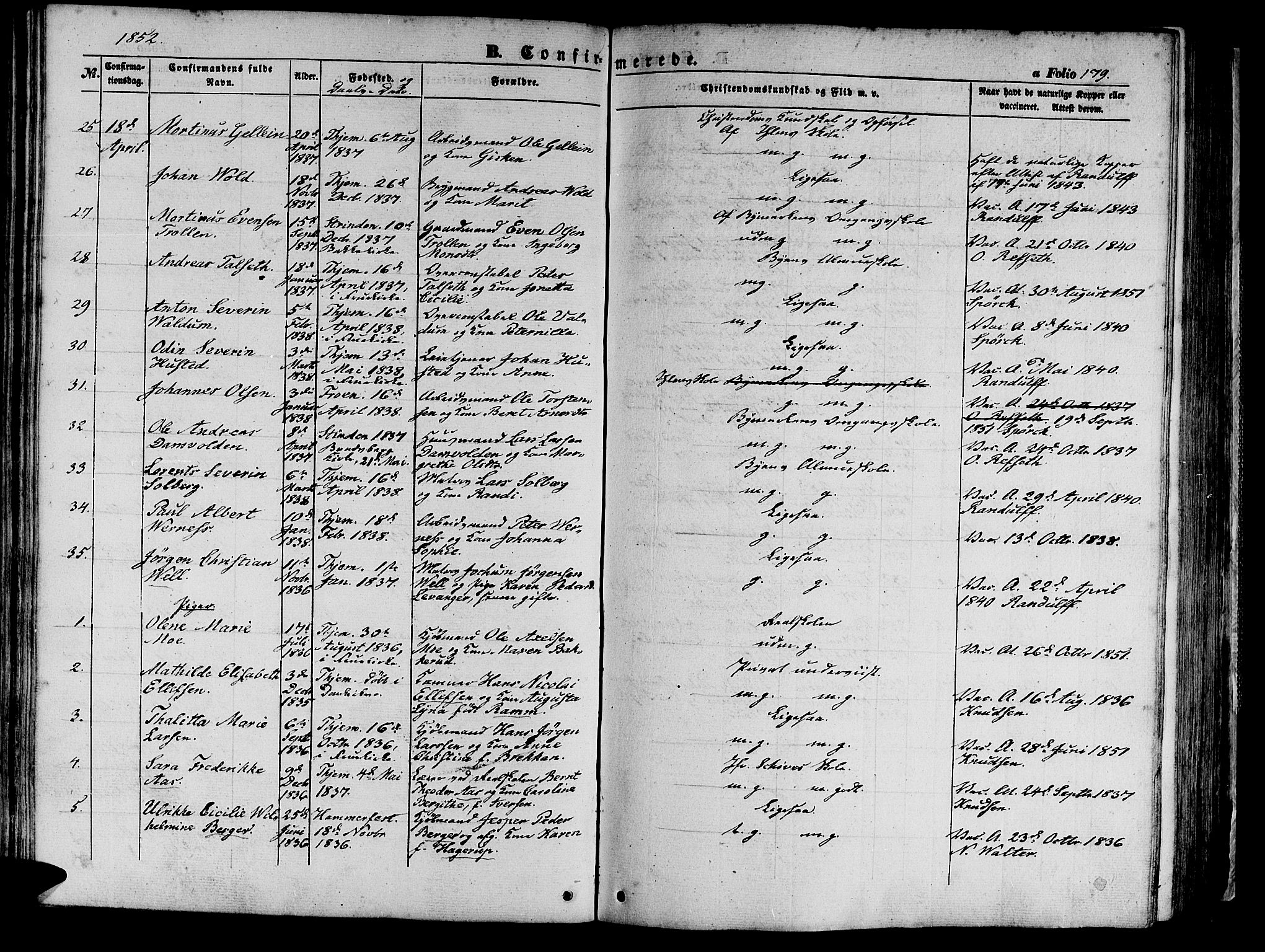 Ministerialprotokoller, klokkerbøker og fødselsregistre - Sør-Trøndelag, SAT/A-1456/602/L0137: Klokkerbok nr. 602C05, 1846-1856, s. 179