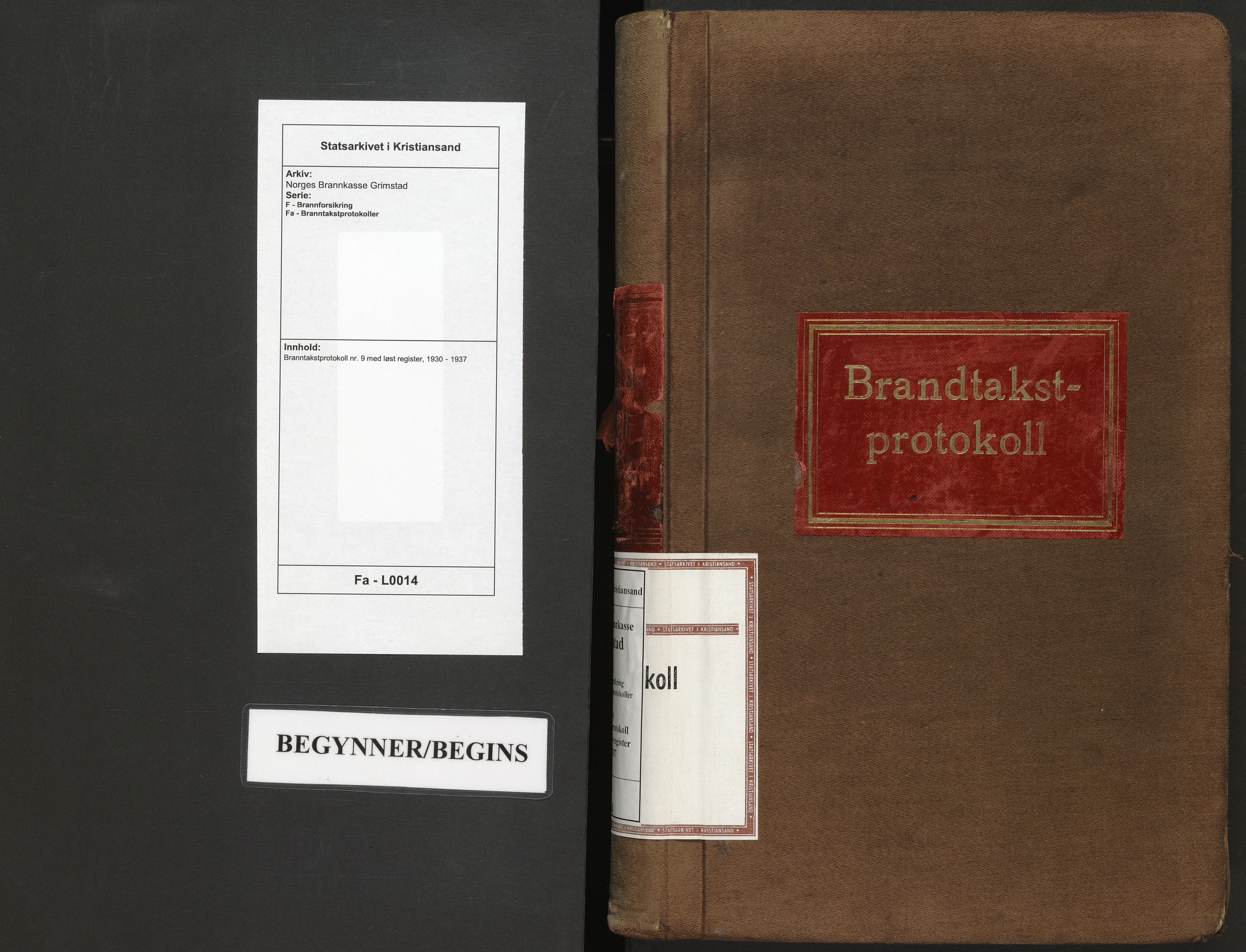 Norges Brannkasse Grimstad, SAK/2241-0018/F/Fa/L0014: Branntakstprotokoll nr. 9 med løst register, 1930-1937