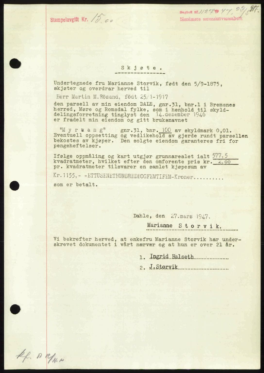 Nordmøre sorenskriveri, SAT/A-4132/1/2/2Ca: Pantebok nr. A104, 1947-1947, Dagboknr: 1127/1947
