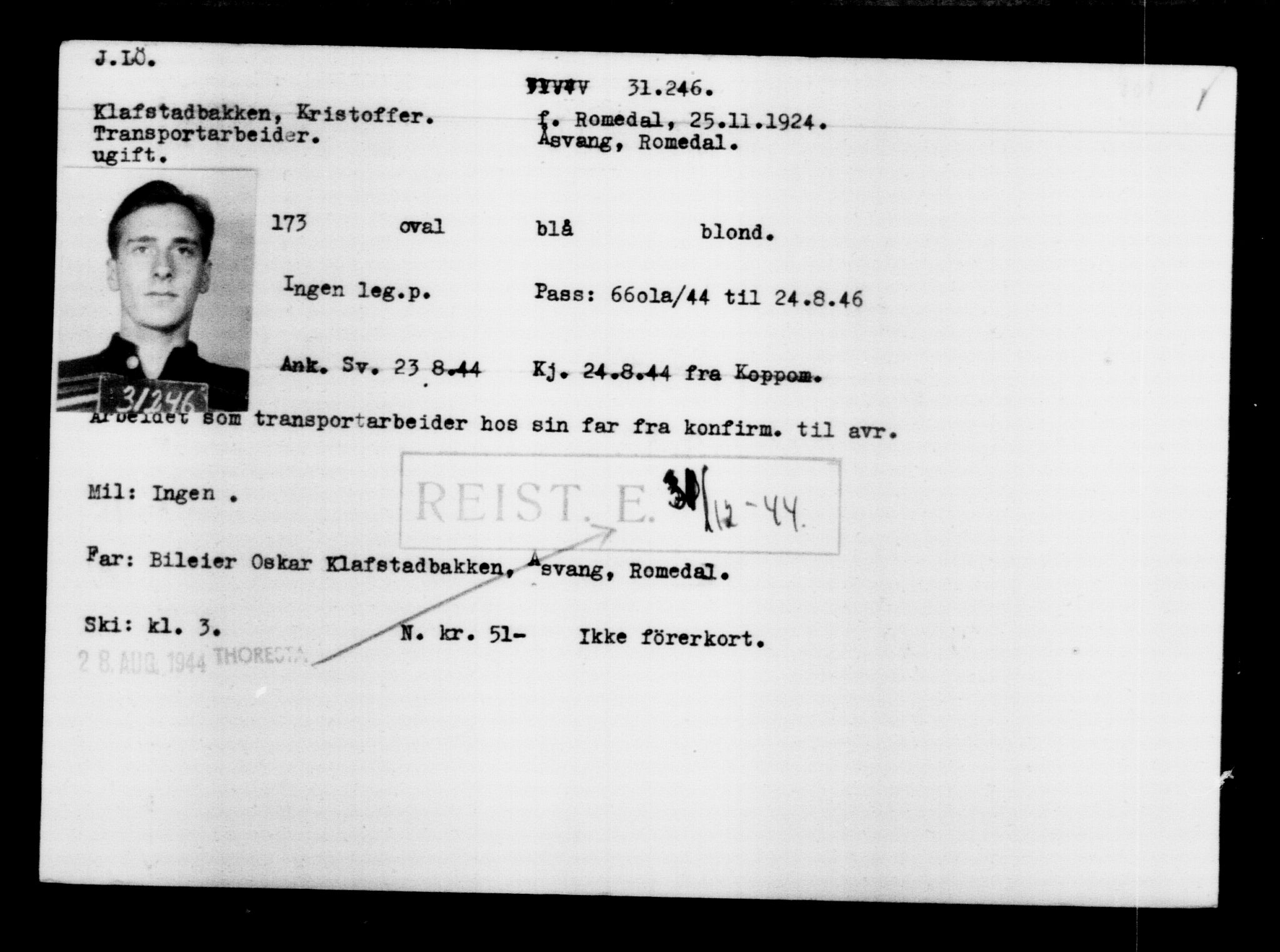 Utenriksstasjonene, Legasjonen i Stockholm, Flyktningkontoret, AV/RA-S-6753/V/Va/L0012: Kjesäterkartoteket, flyktninger med registreringsnr. 28300-31566, 1940-1945, s. 3190