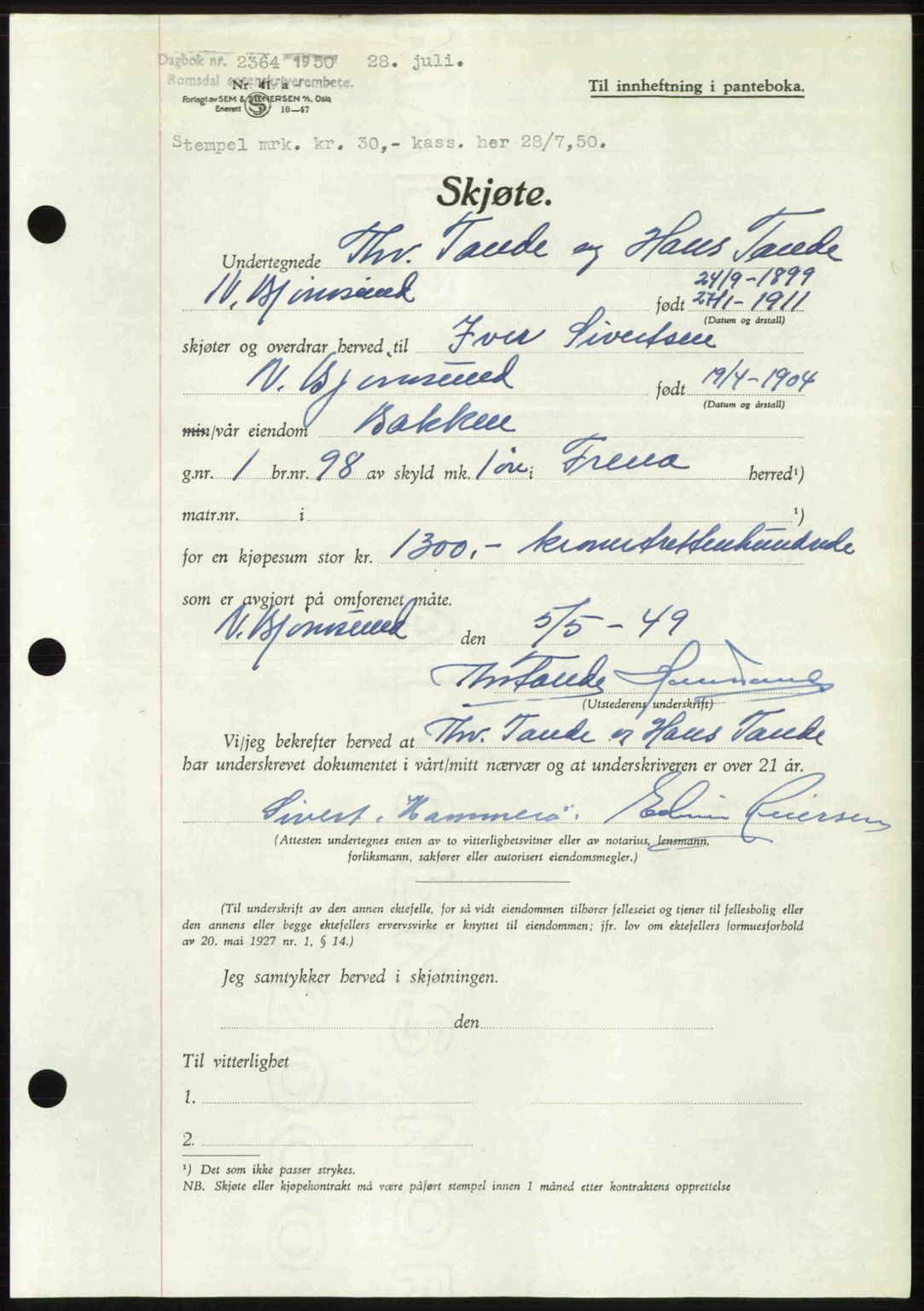 Romsdal sorenskriveri, AV/SAT-A-4149/1/2/2C: Pantebok nr. A34, 1950-1950, Dagboknr: 2364/1950