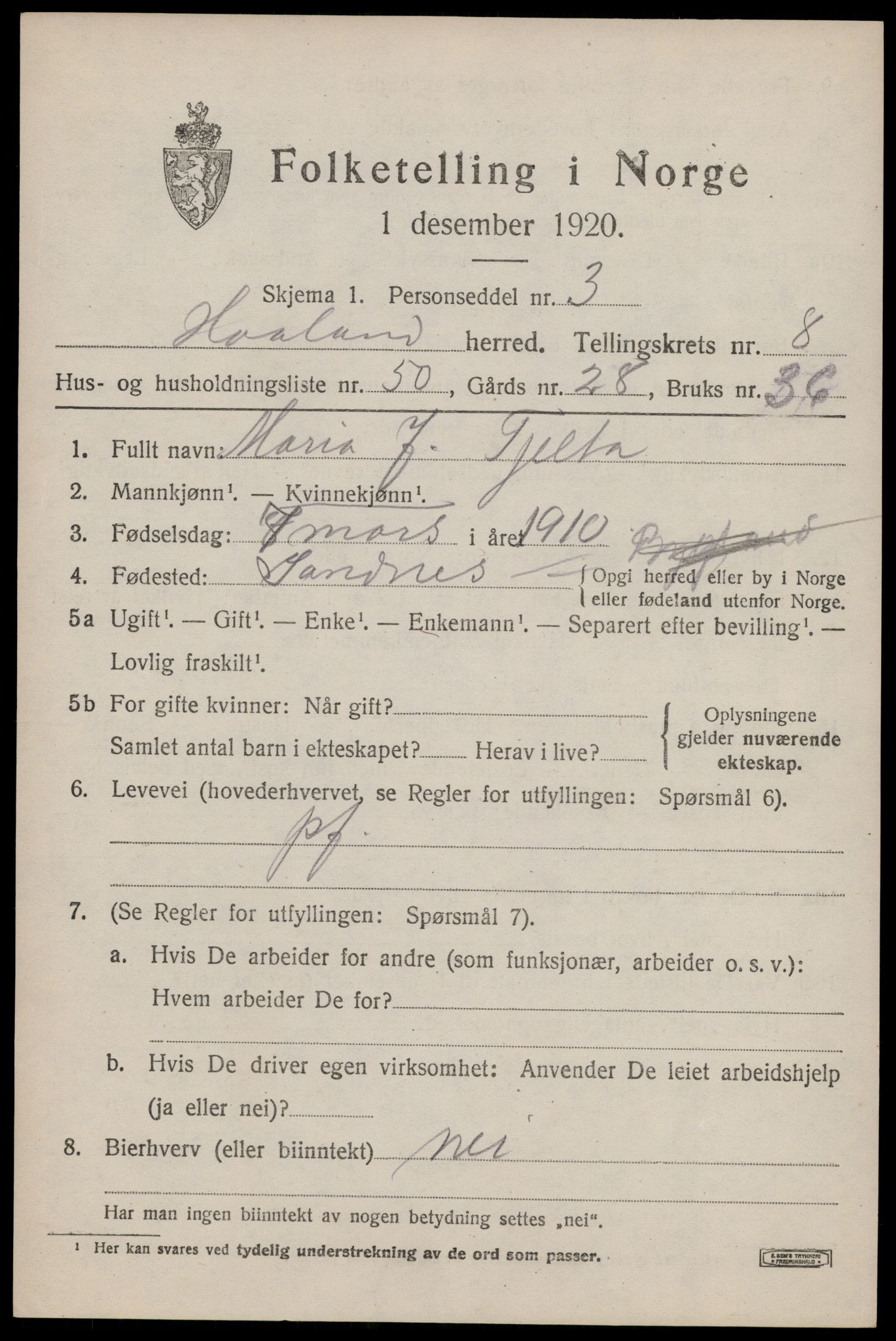 SAST, Folketelling 1920 for 1124 Håland herred, 1920, s. 6909