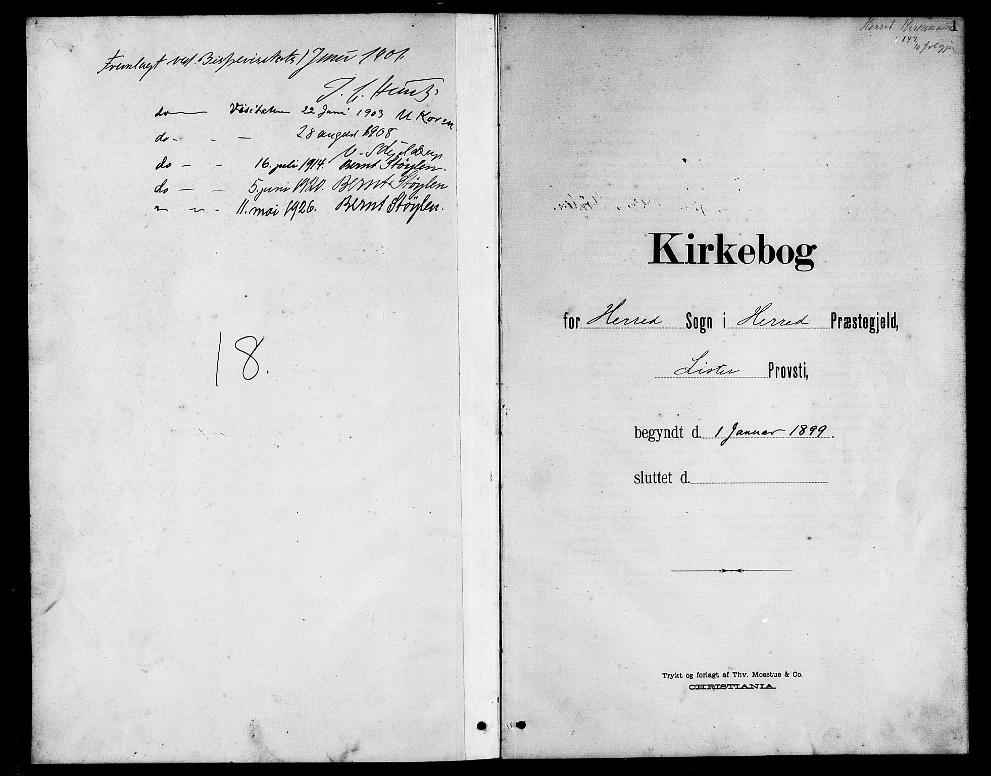 Herad sokneprestkontor, SAK/1111-0018/F/Fb/Fba/L0005: Klokkerbok nr. B 5, 1899-1921, s. 1