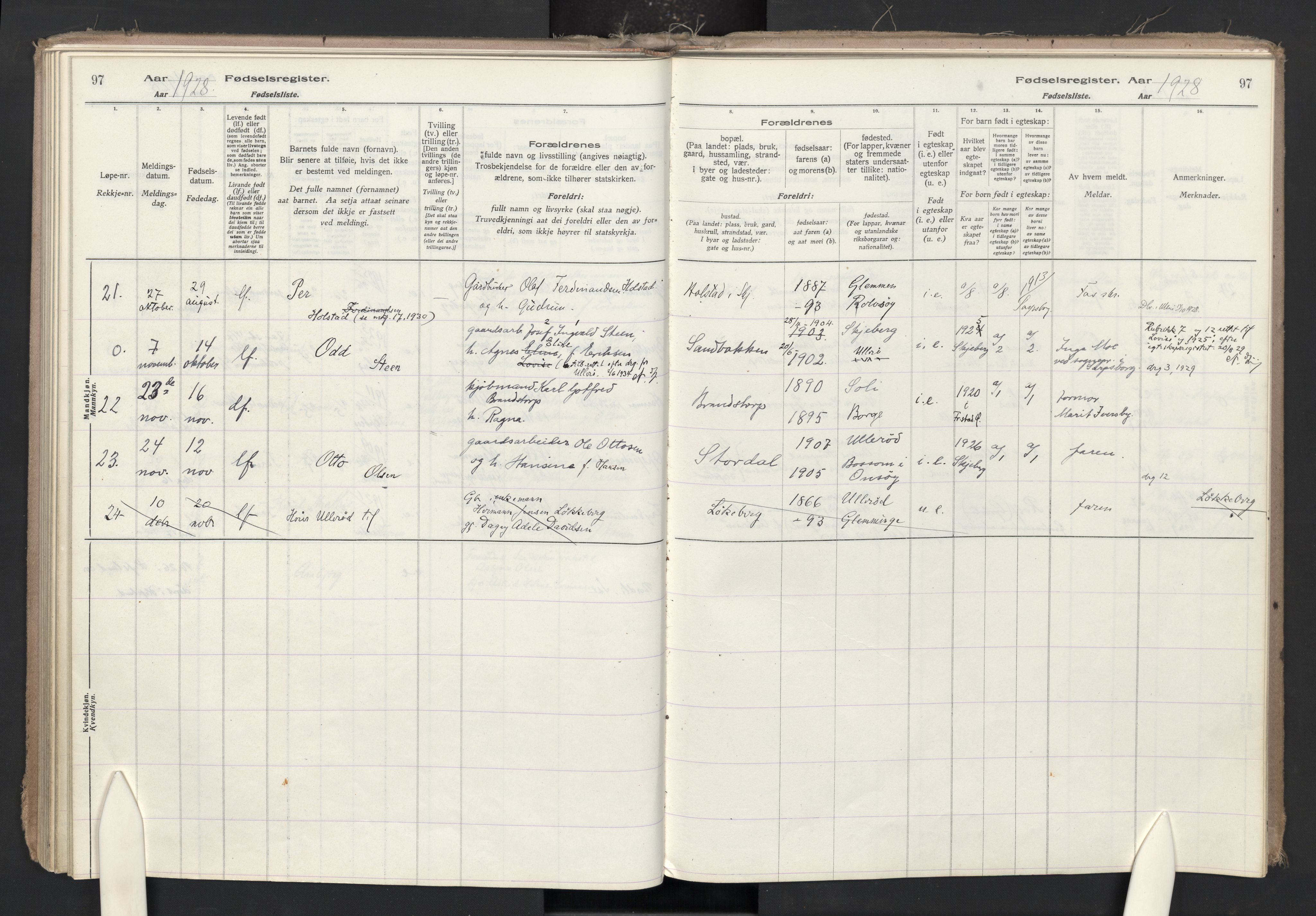 Skjeberg prestekontor Kirkebøker, AV/SAO-A-10923/J/Ja/L0001: Fødselsregister nr. I 1, 1916-1945, s. 97