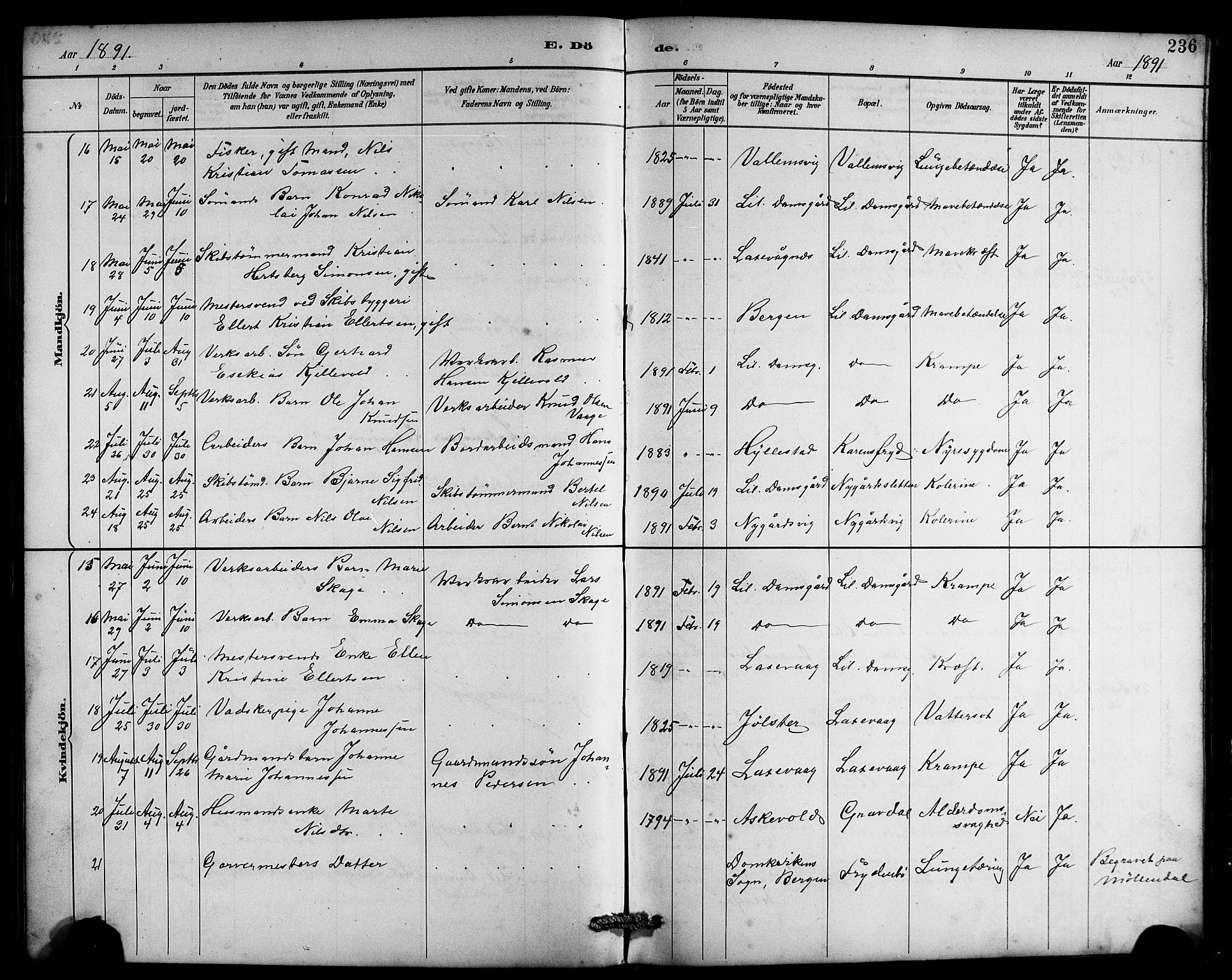 Laksevåg Sokneprestembete, AV/SAB-A-76501/H/Ha/Hab/Haba/L0003: Klokkerbok nr. A 3, 1887-1899, s. 236