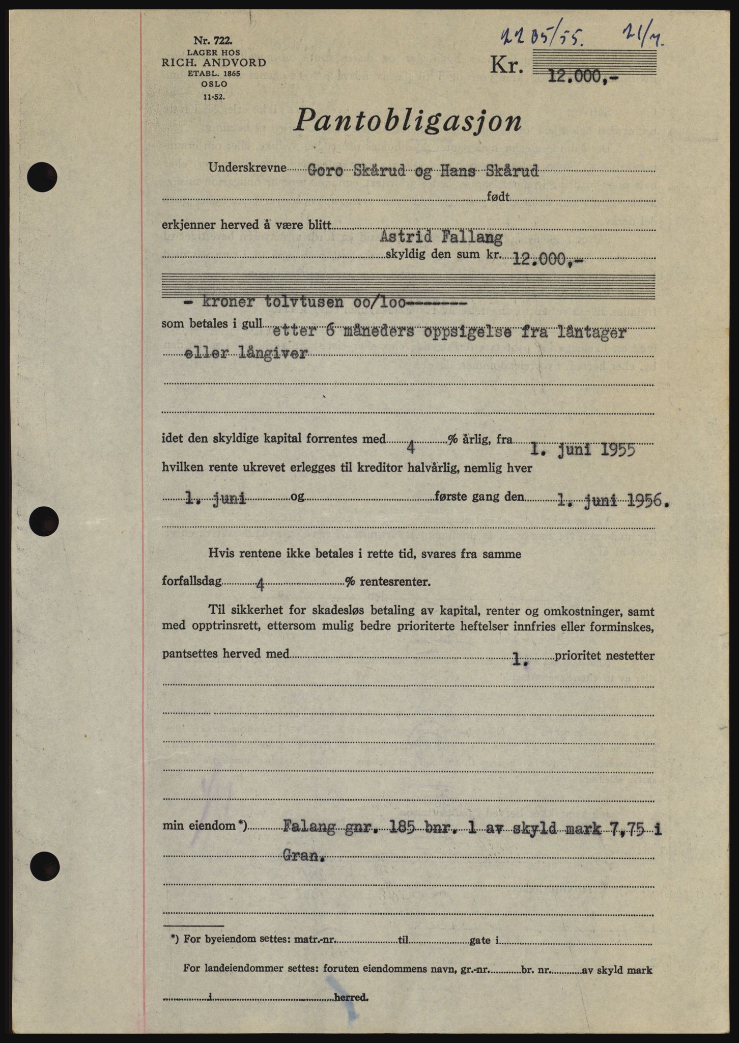 Hadeland og Land tingrett, SAH/TING-010/H/Hb/Hbc/L0032: Pantebok nr. B32, 1955-1955, Dagboknr: 2205/1955