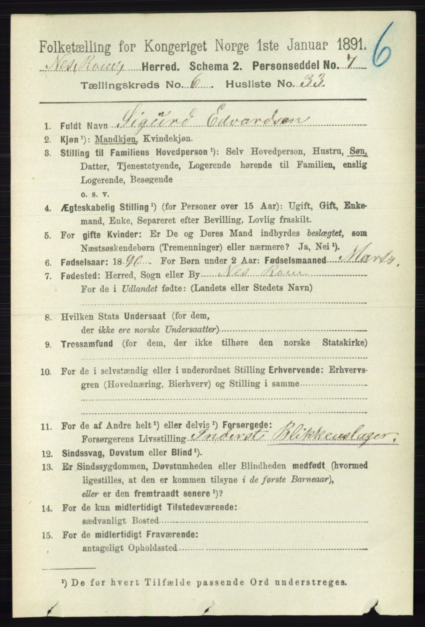 RA, Folketelling 1891 for 0236 Nes herred, 1891, s. 3592