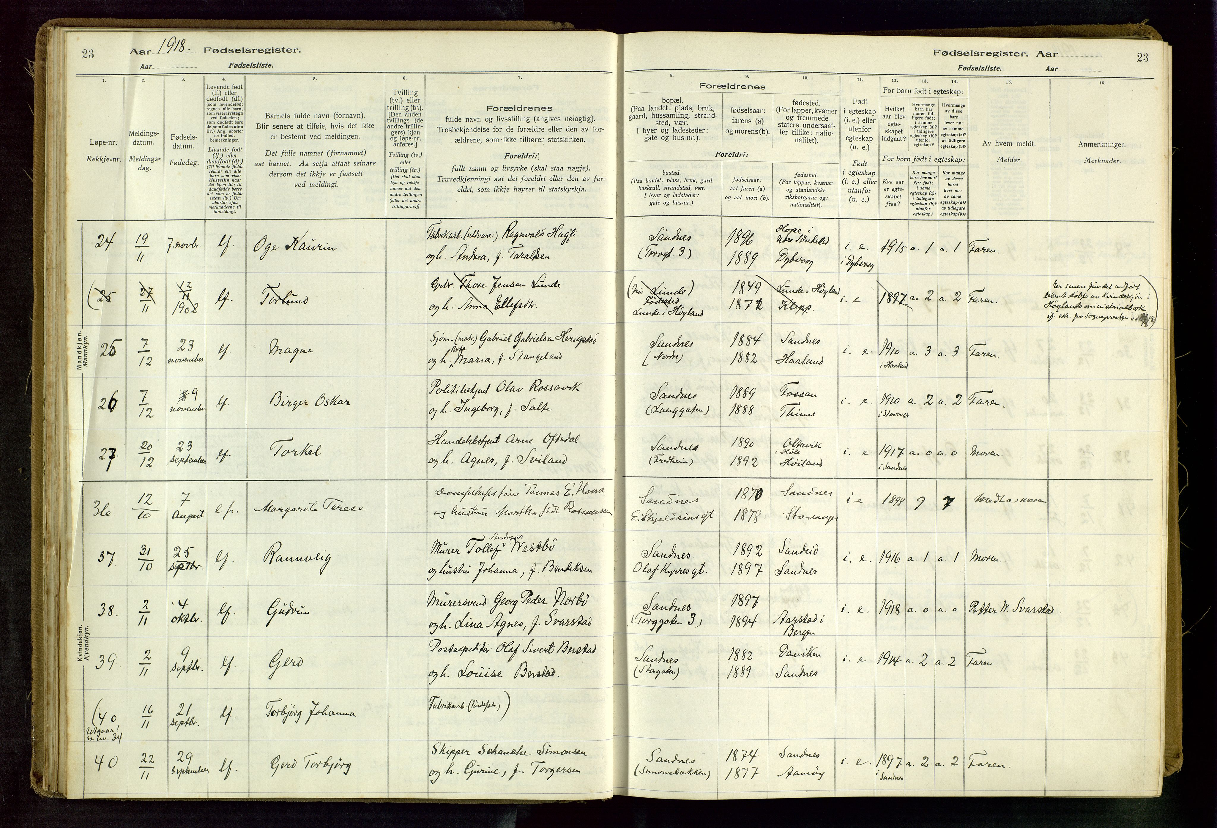 Sandnes sokneprestkontor, AV/SAST-A-101800/704BA/L0001: Fødselsregister nr. 1, 1916-1942, s. 23