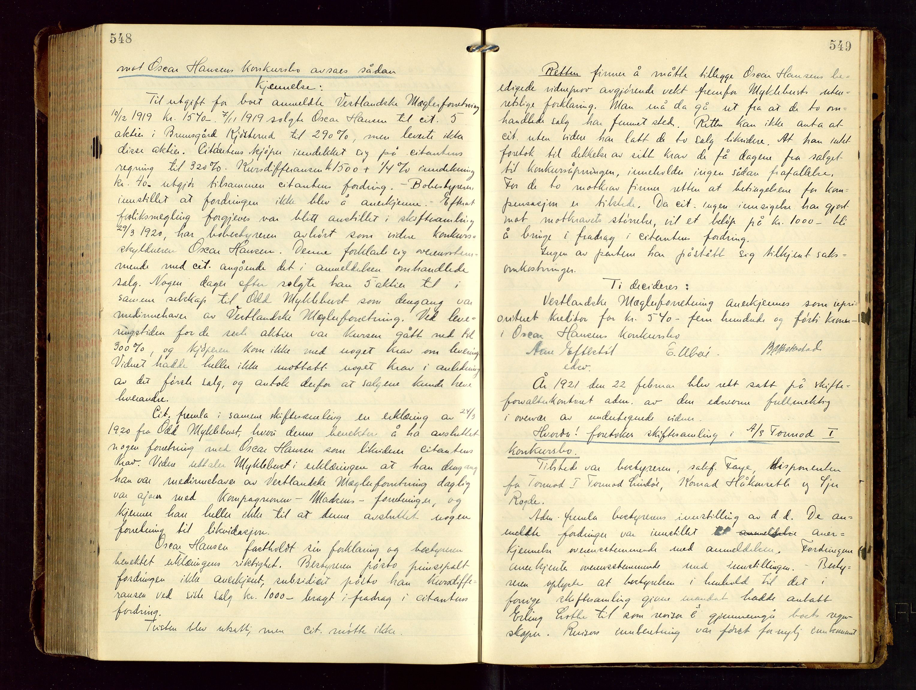 Haugesund tingrett, AV/SAST-A-101415/01/IV/IVC/L0002: Skifteforhandlingsprotokoll, med register, 1912-1921, s. 548-549