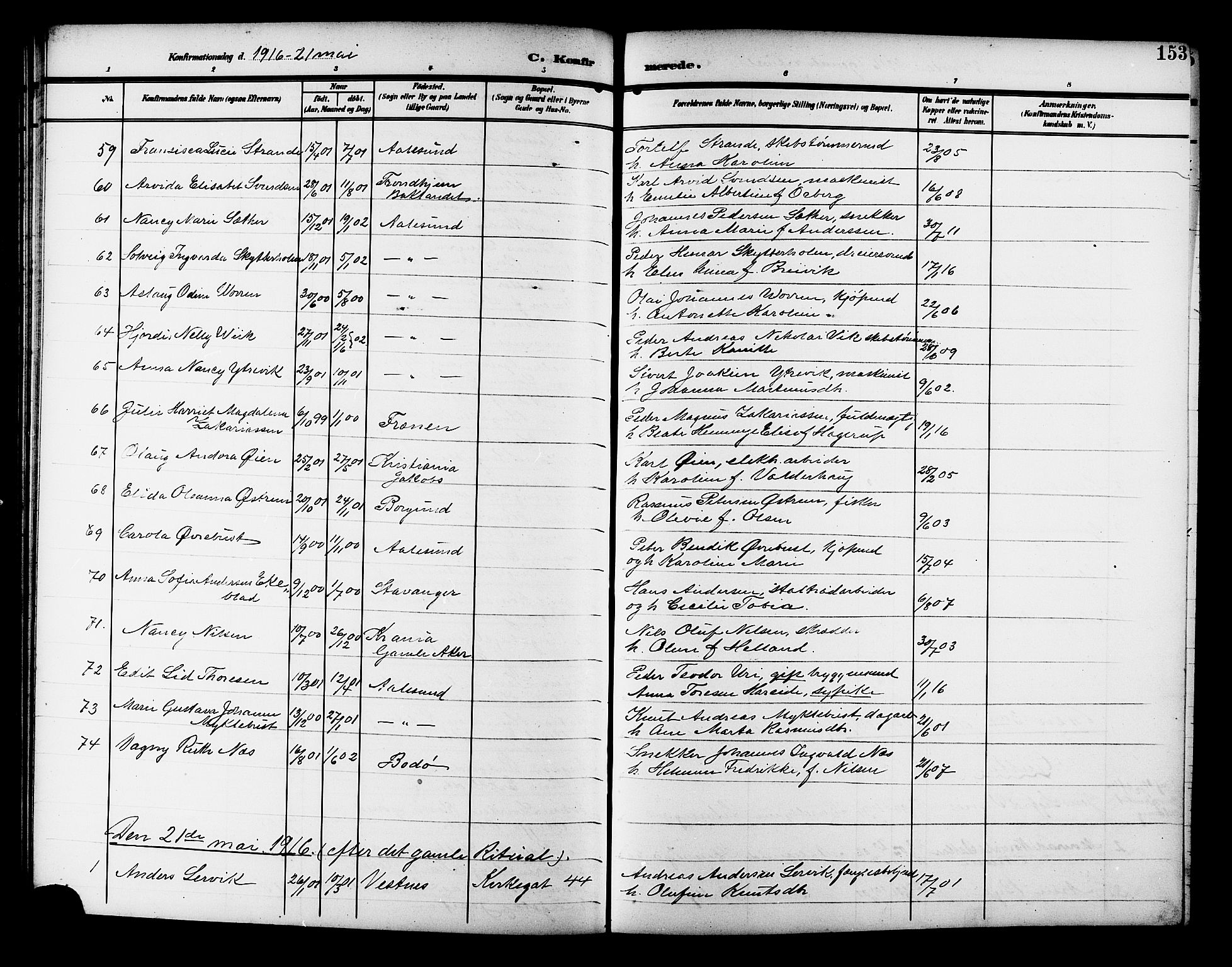 Ministerialprotokoller, klokkerbøker og fødselsregistre - Møre og Romsdal, AV/SAT-A-1454/529/L0470: Klokkerbok nr. 529C07, 1907-1917, s. 153