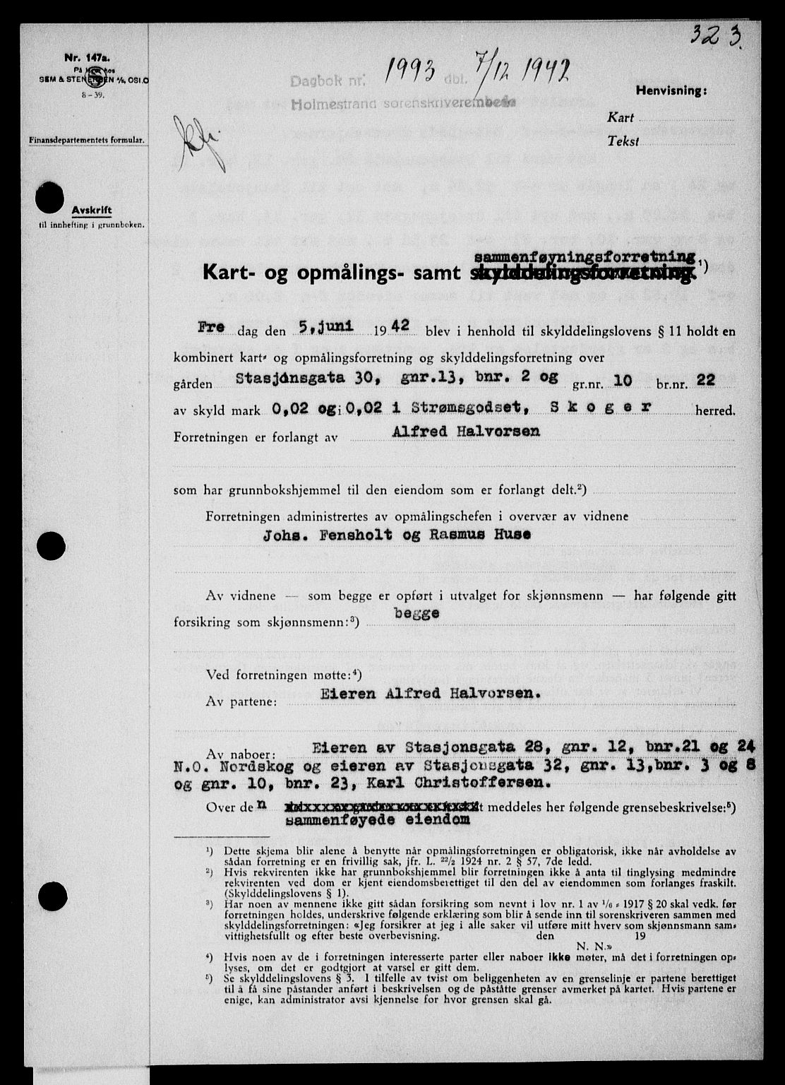 Holmestrand sorenskriveri, SAKO/A-67/G/Ga/Gaa/L0056: Pantebok nr. A-56, 1942-1943, Dagboknr: 1993/1942