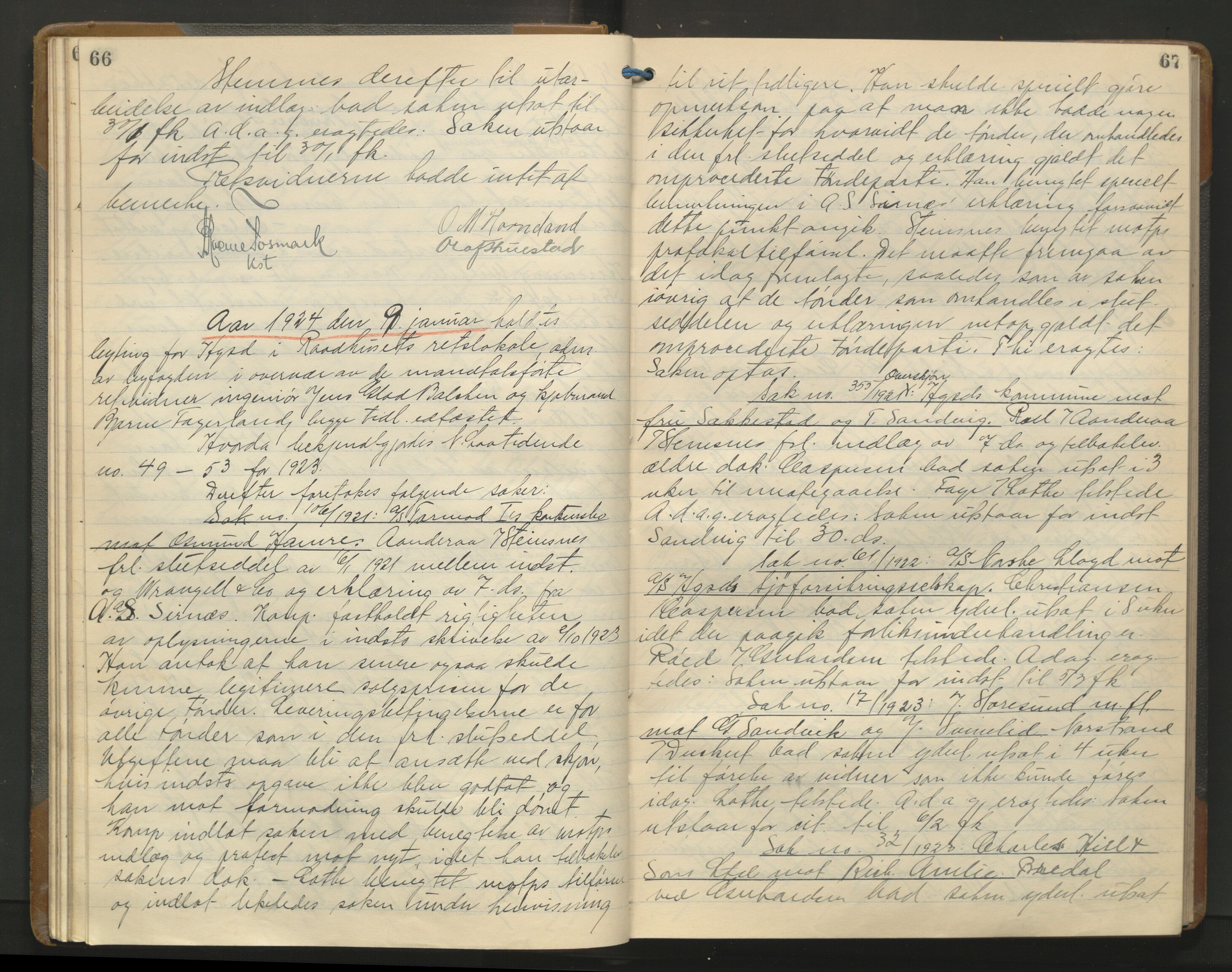 Haugesund tingrett, AV/SAST-A-101415/01/V/VA/L0017: Bytingsprotokoll, 1923-1925, s. 66-67