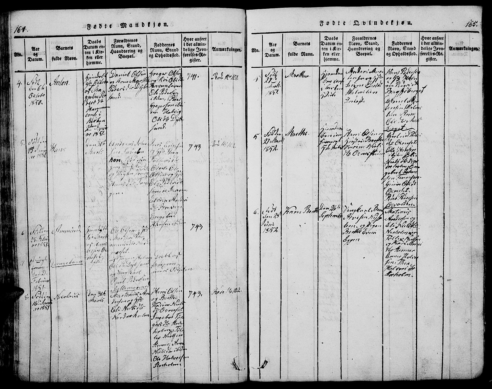 Trysil prestekontor, SAH/PREST-046/H/Ha/Hab/L0005: Klokkerbok nr. 5, 1814-1877, s. 164-165