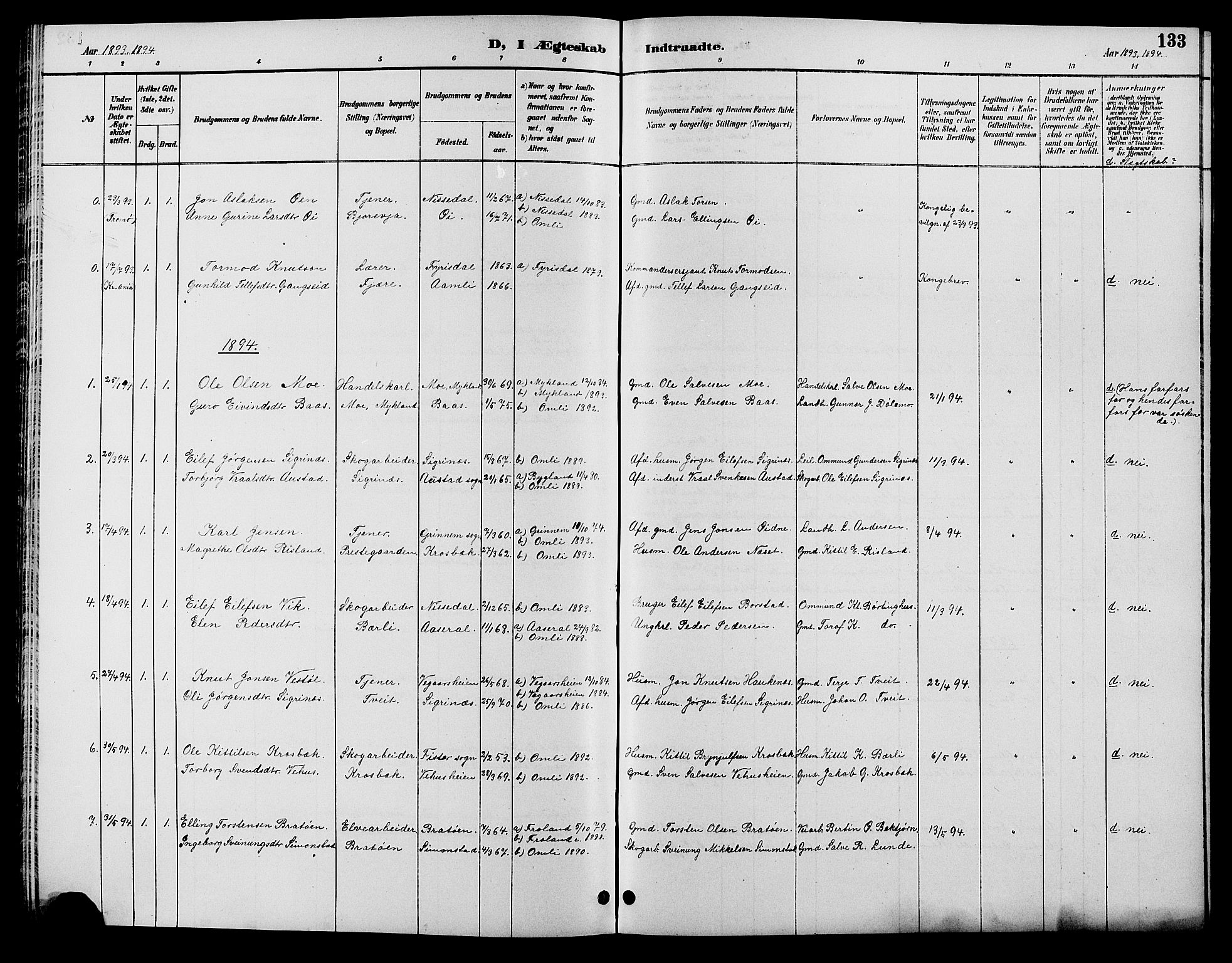 Åmli sokneprestkontor, SAK/1111-0050/F/Fb/Fbc/L0004: Klokkerbok nr. B 4, 1889-1902, s. 133