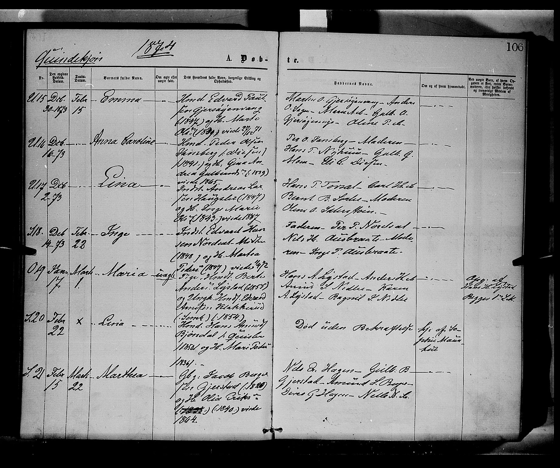 Sør-Odal prestekontor, AV/SAH-PREST-030/H/Ha/Haa/L0004: Ministerialbok nr. 4, 1870-1875, s. 106