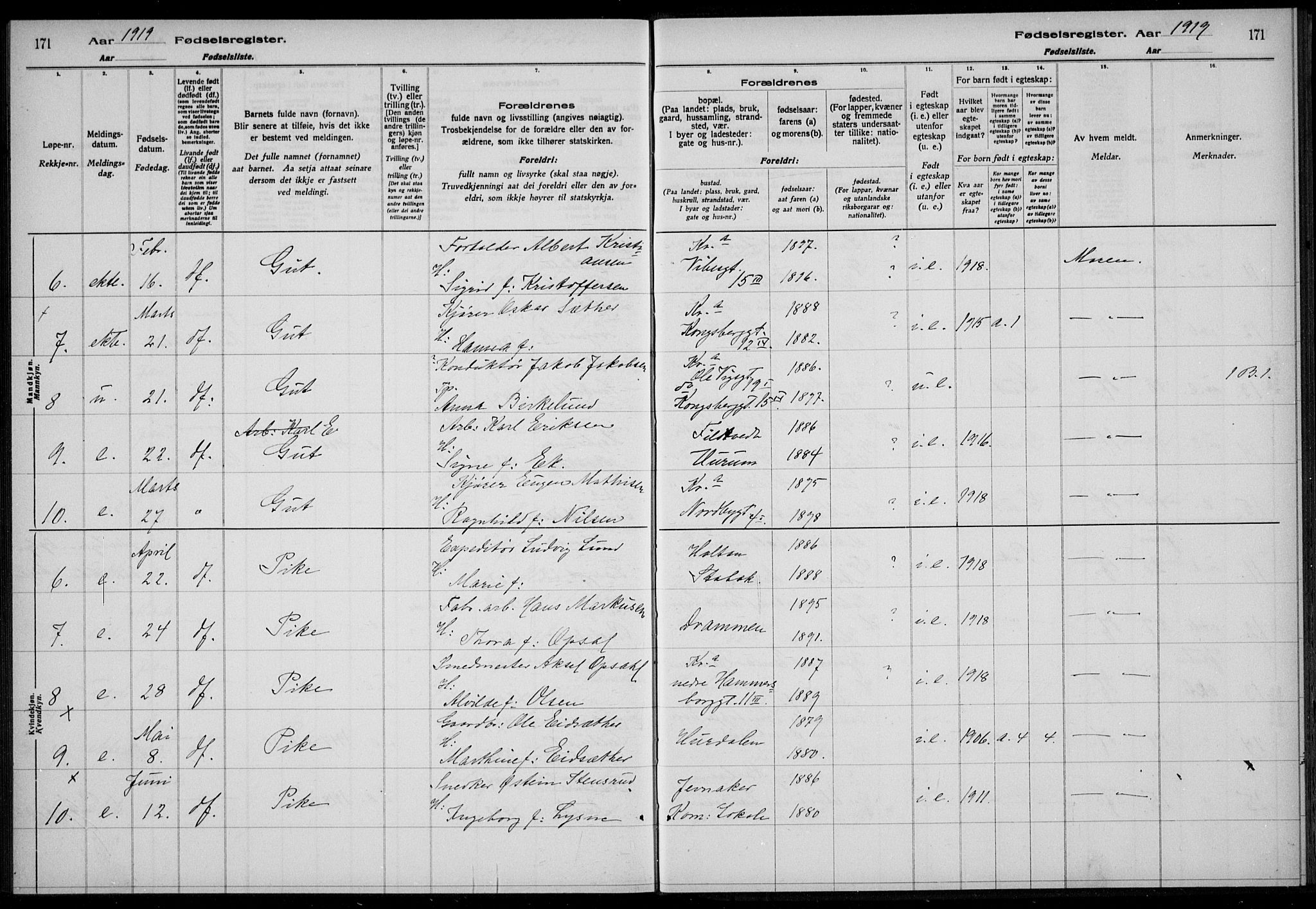 Rikshospitalet prestekontor Kirkebøker, AV/SAO-A-10309b/J/L0004: Fødselsregister nr. 4, 1919-1919, s. 171