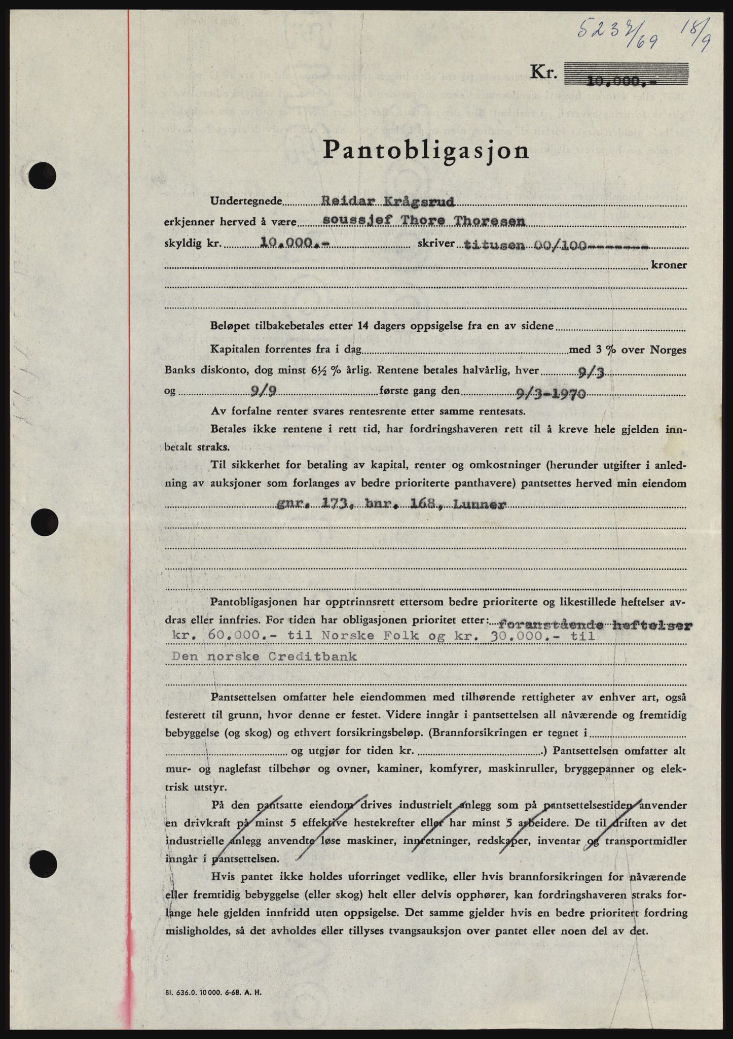 Hadeland og Land tingrett, SAH/TING-010/H/Hb/Hbc/L0074: Pantebok nr. B74, 1969-1969, Dagboknr: 5237/1969