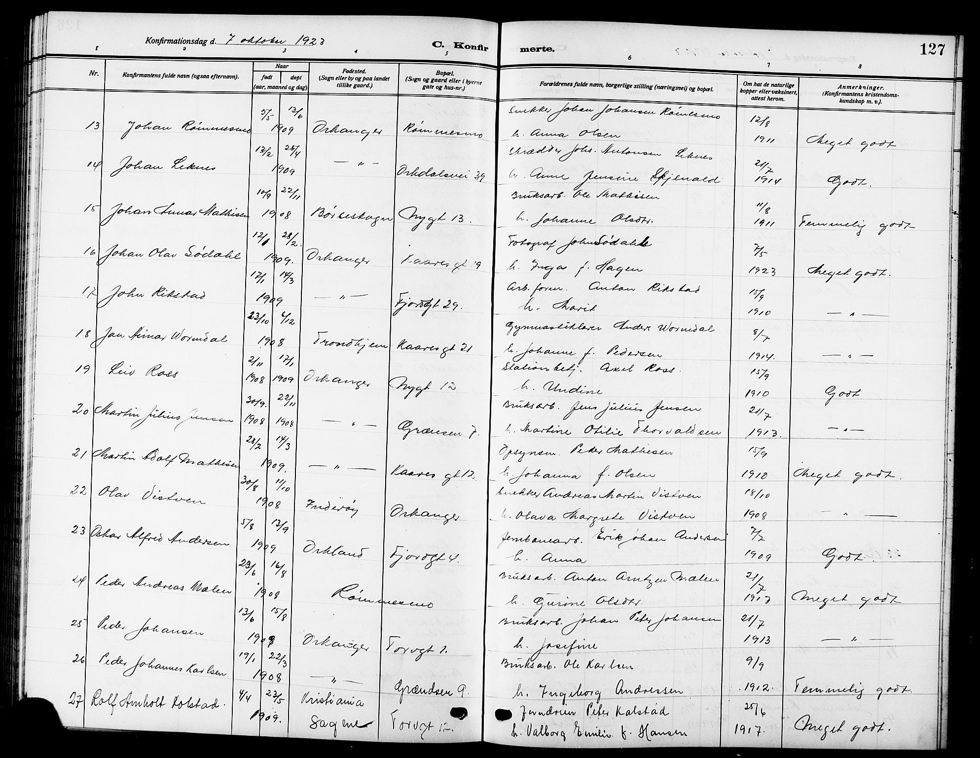 Ministerialprotokoller, klokkerbøker og fødselsregistre - Sør-Trøndelag, SAT/A-1456/669/L0831: Klokkerbok nr. 669C01, 1909-1924, s. 127