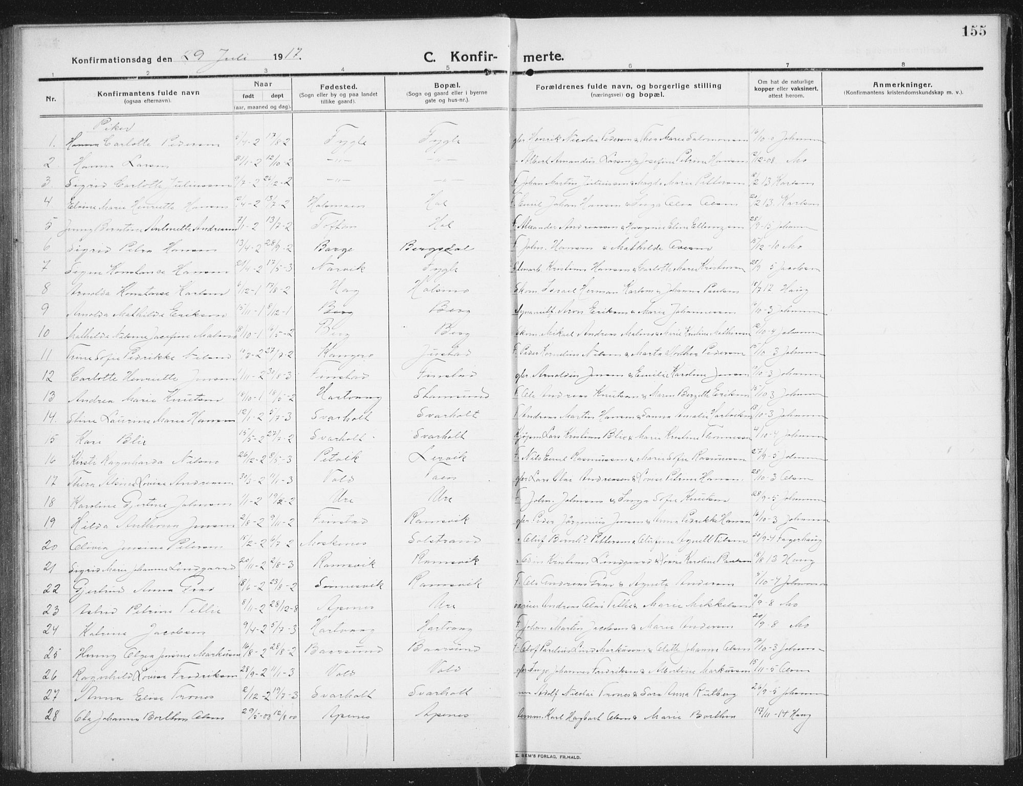 Ministerialprotokoller, klokkerbøker og fødselsregistre - Nordland, AV/SAT-A-1459/882/L1183: Klokkerbok nr. 882C01, 1911-1938, s. 155