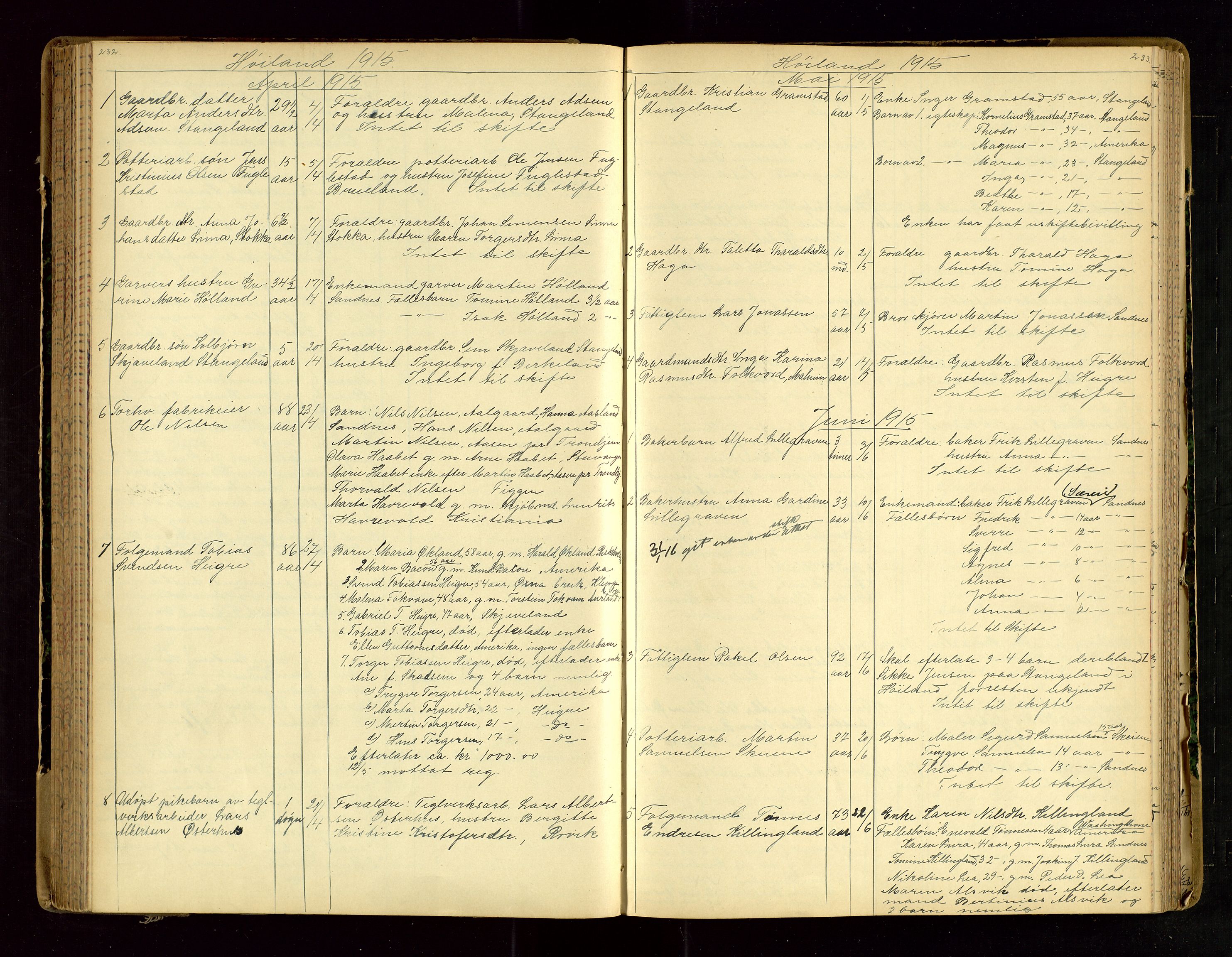 Jæren sorenskriveri, AV/SAST-A-100310/01/5/52/52B/L0003: DØDSFALLPROTOKOLL, 1910-1916, s. 232-233