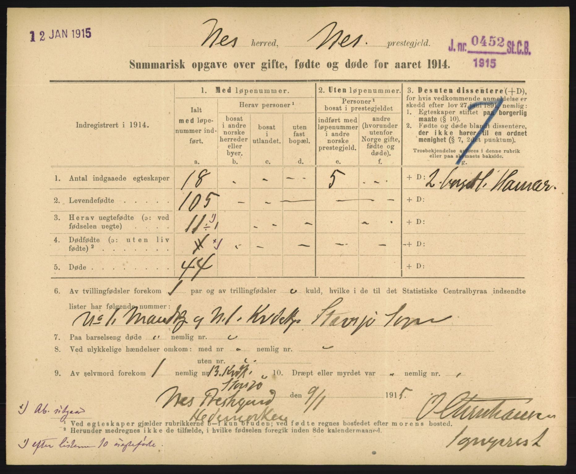 Statistisk sentralbyrå, Sosiodemografiske emner, Befolkning, RA/S-2228/D/Df/Dfb/Dfbd/L0049: Summariske oppgaver over gifte, døde og fødte for hele landet., 1914, s. 207