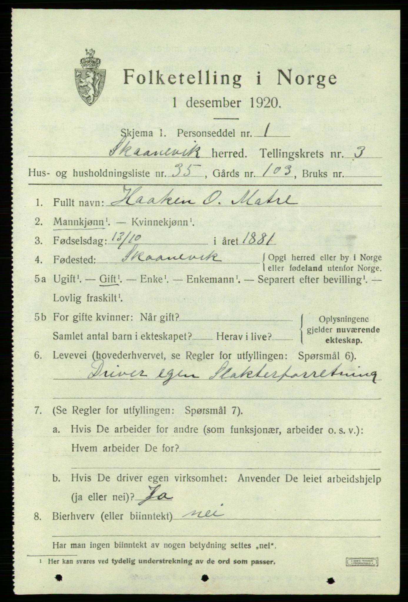 SAB, Folketelling 1920 for 1212 Skånevik herred, 1920, s. 3177
