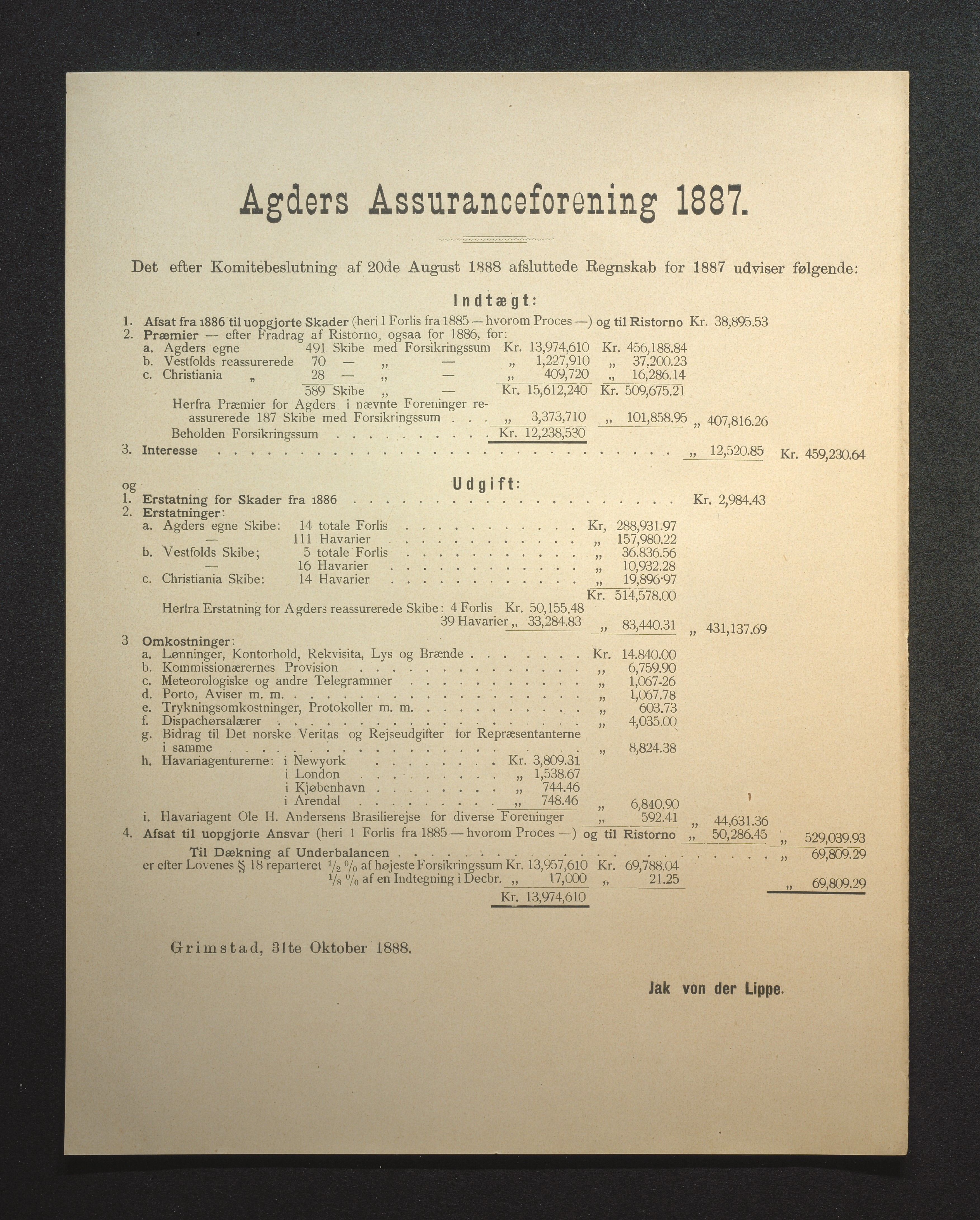 Agders Gjensidige Assuranceforening, AAKS/PA-1718/05/L0002: Regnskap, seilavdeling, pakkesak, 1881-1889