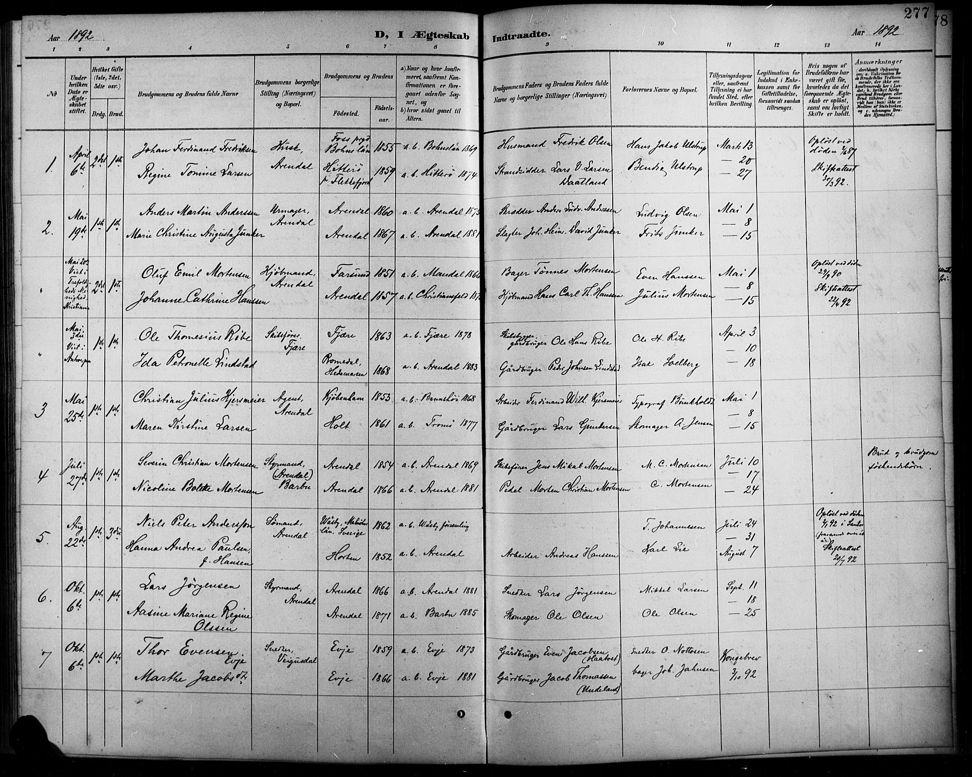 Arendal sokneprestkontor, Trefoldighet, AV/SAK-1111-0040/F/Fb/L0006: Klokkerbok nr. B 6, 1889-1916, s. 277