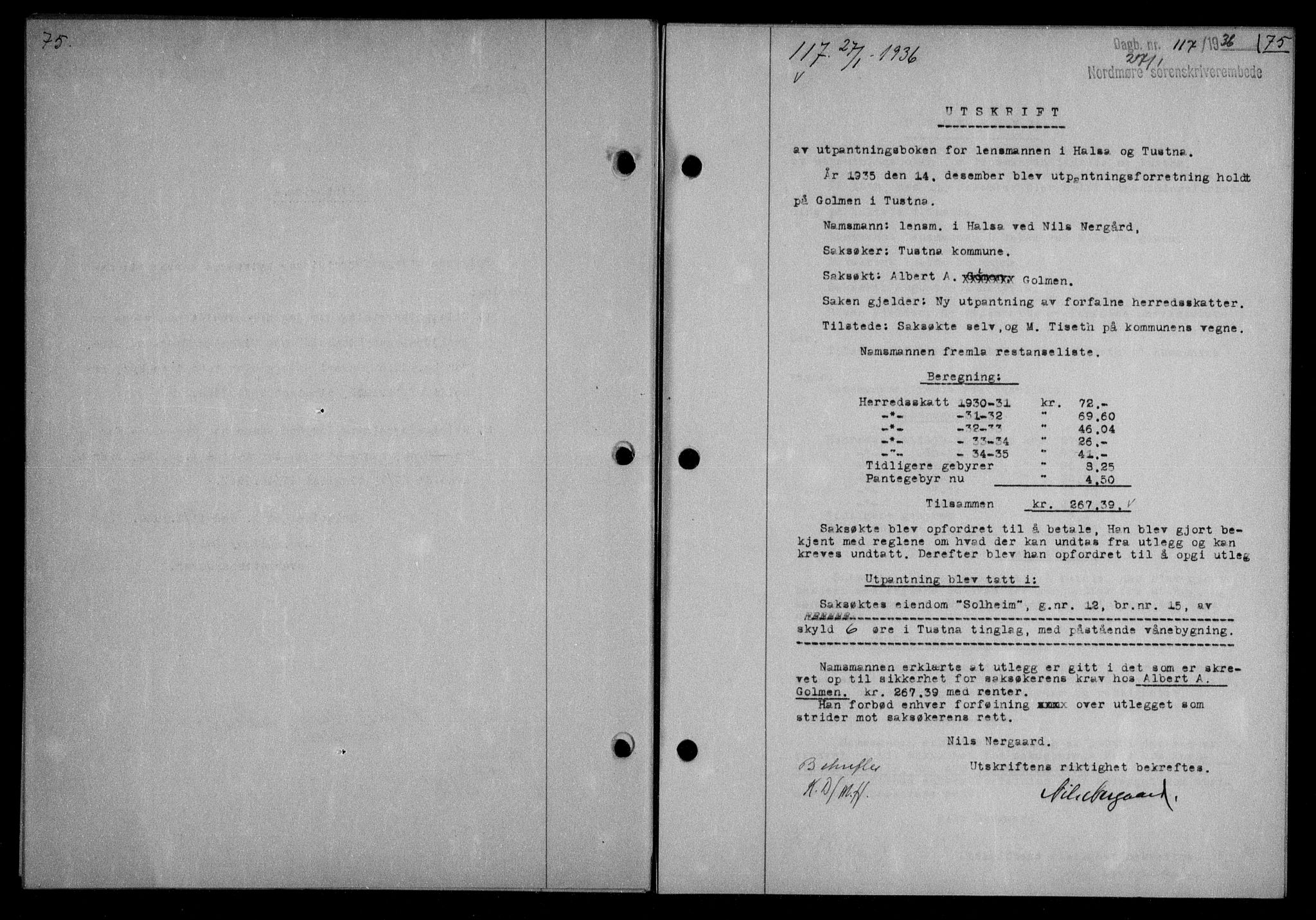 Nordmøre sorenskriveri, AV/SAT-A-4132/1/2/2Ca/L0087: Pantebok nr. 77, 1935-1936, Tingl.dato: 27.01.1936