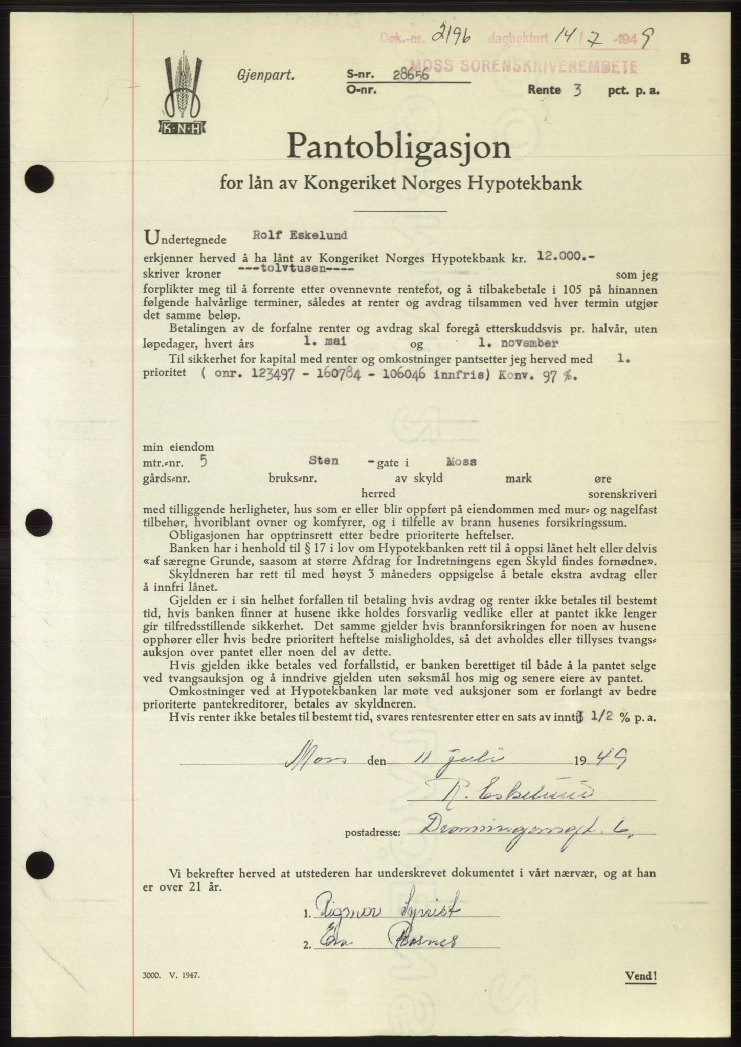 Moss sorenskriveri, SAO/A-10168: Pantebok nr. B22, 1949-1949, Dagboknr: 2196/1949