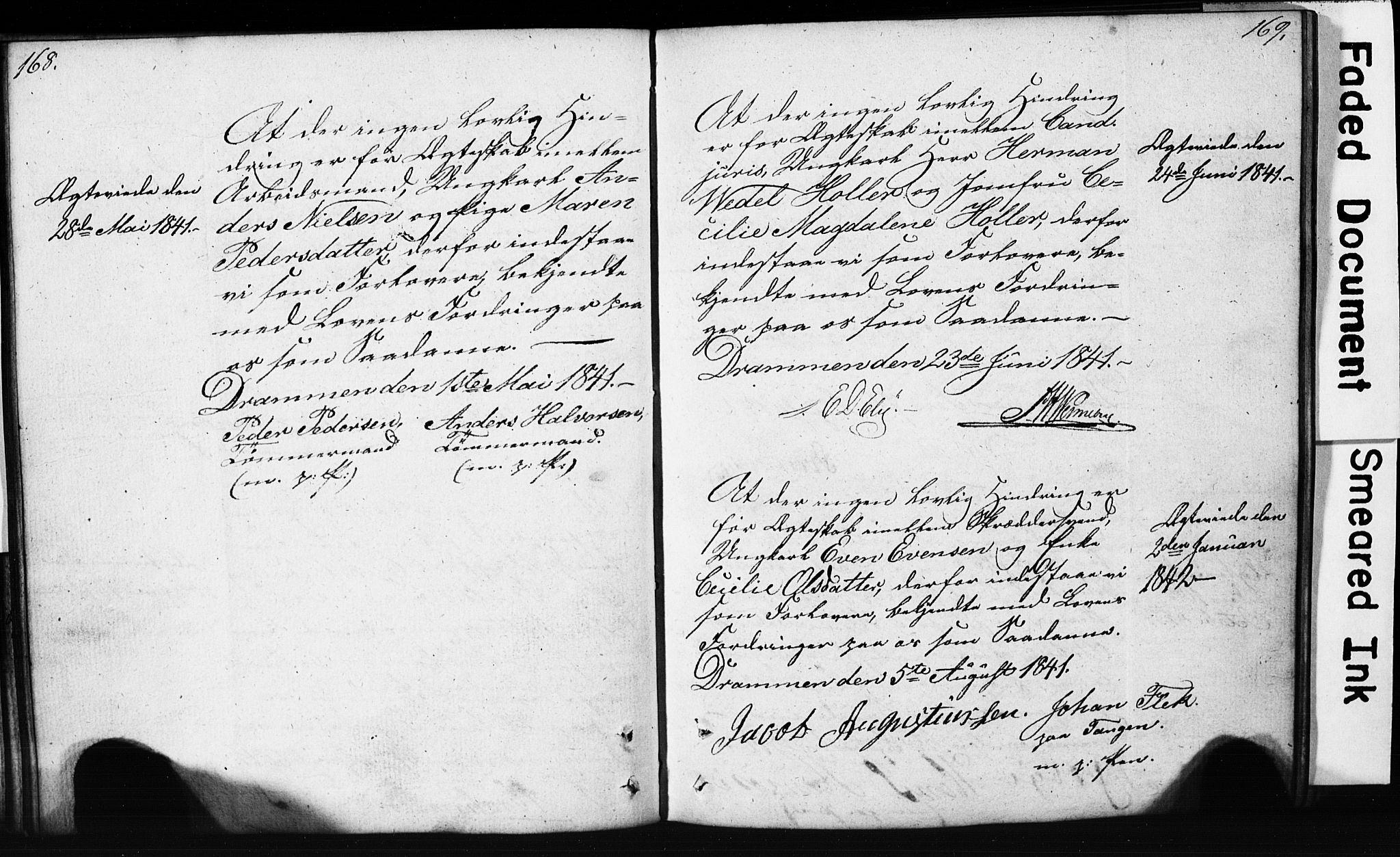 Strømsø kirkebøker, SAKO/A-246/H/Hb/L0002: Forlovererklæringer nr. 2, 1815-1857, s. 168-169