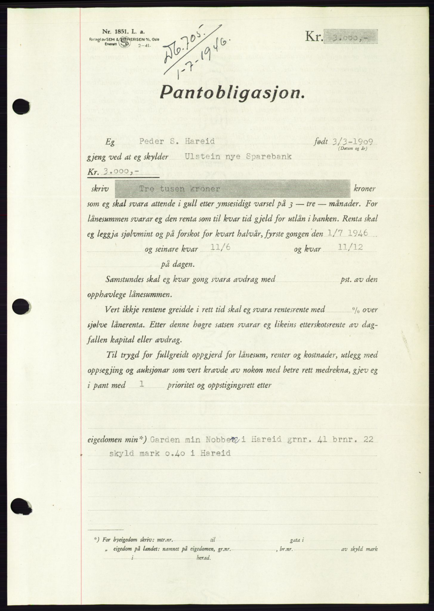 Søre Sunnmøre sorenskriveri, AV/SAT-A-4122/1/2/2C/L0114: Pantebok nr. 1-2B, 1943-1947, Dagboknr: 705/1946