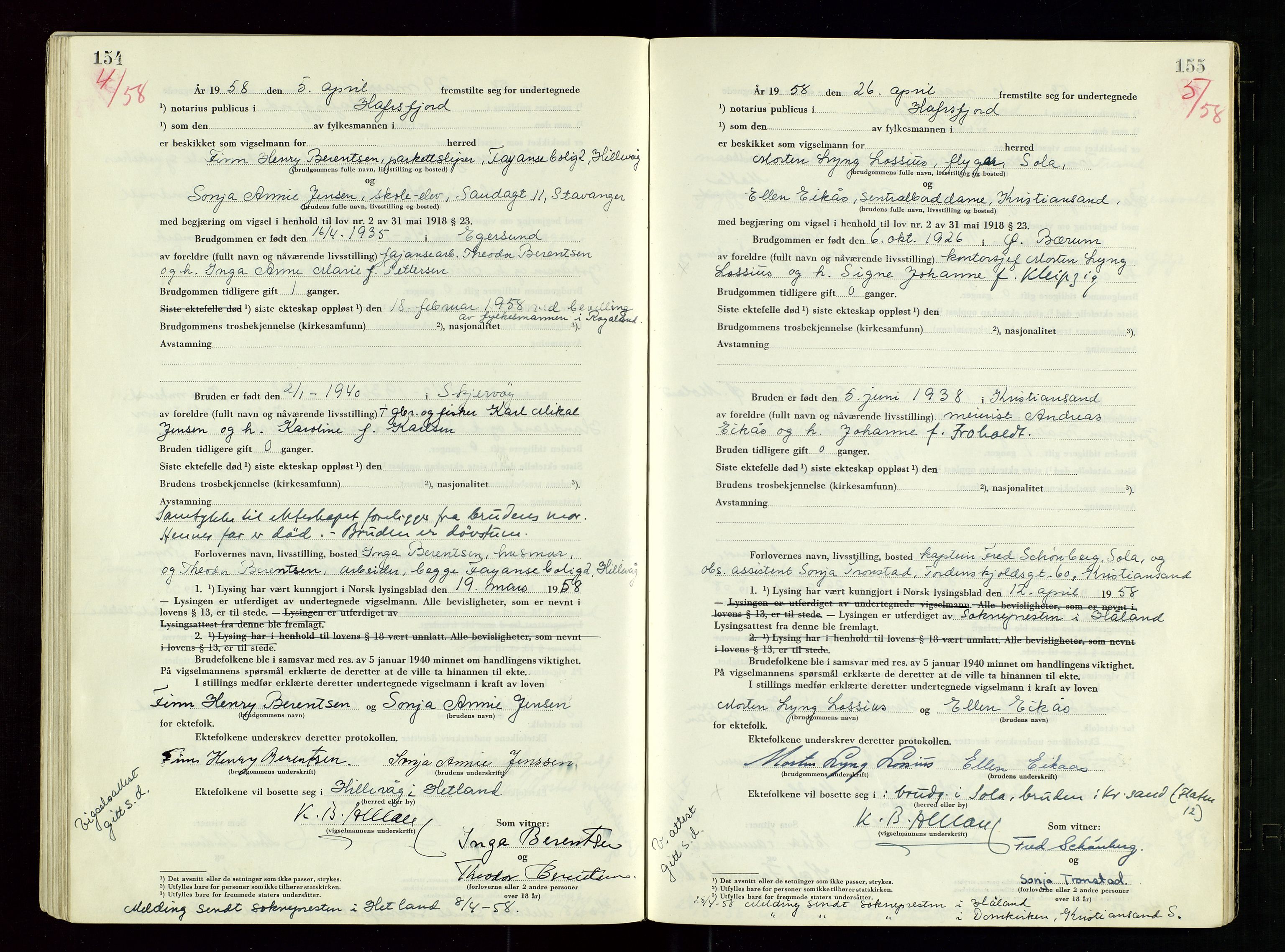 Hafrsfjord sorenskriveri, AV/SAST-A-100313/I/Ic/L0001: "Vigsels-bok", 1951-1959, s. 154-155