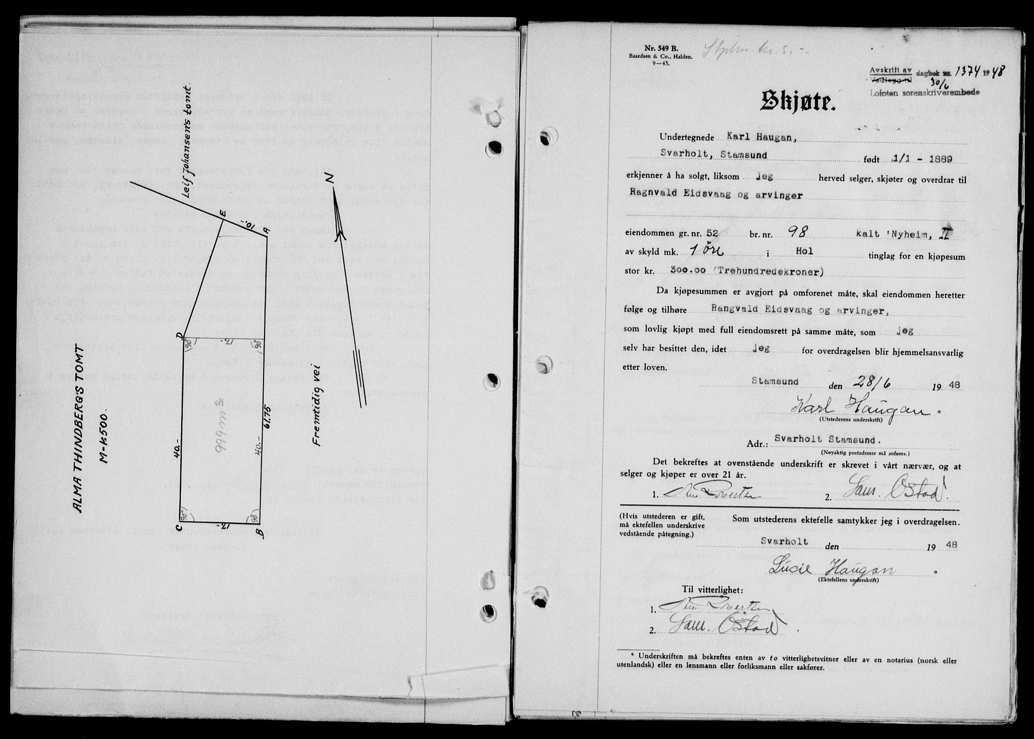 Lofoten sorenskriveri, SAT/A-0017/1/2/2C/L0018a: Pantebok nr. 18a, 1948-1948, Dagboknr: 1374/1948
