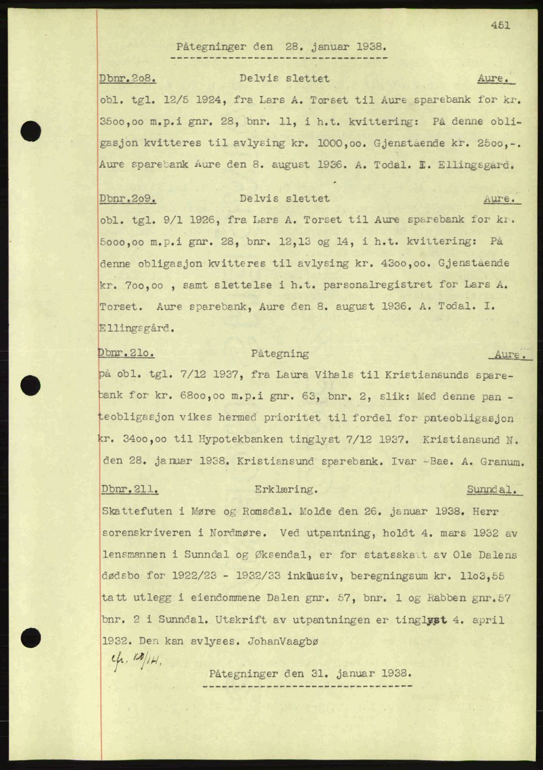 Nordmøre sorenskriveri, SAT/A-4132/1/2/2Ca: Pantebok nr. C80, 1936-1939, Dagboknr: 208/1938