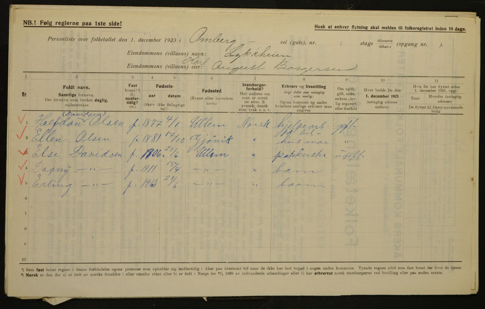 , Kommunal folketelling 1.12.1923 for Aker, 1923, s. 1713