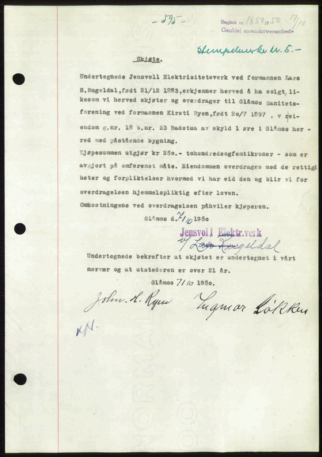 Gauldal sorenskriveri, SAT/A-0014/1/2/2C: Pantebok nr. A11, 1950-1950, Dagboknr: 1850/1950