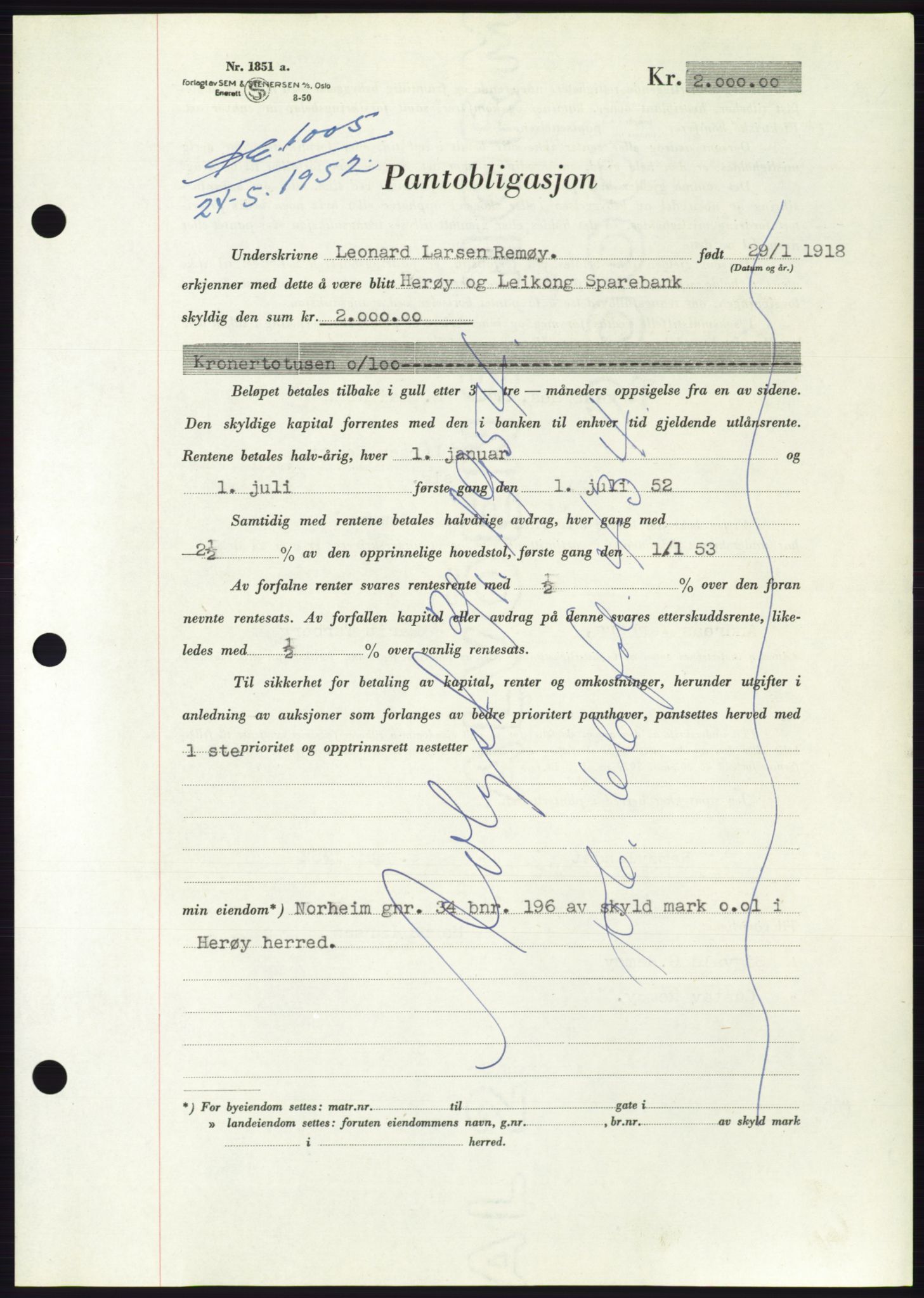 Søre Sunnmøre sorenskriveri, AV/SAT-A-4122/1/2/2C/L0121: Pantebok nr. 9B, 1951-1952, Dagboknr: 1005/1952