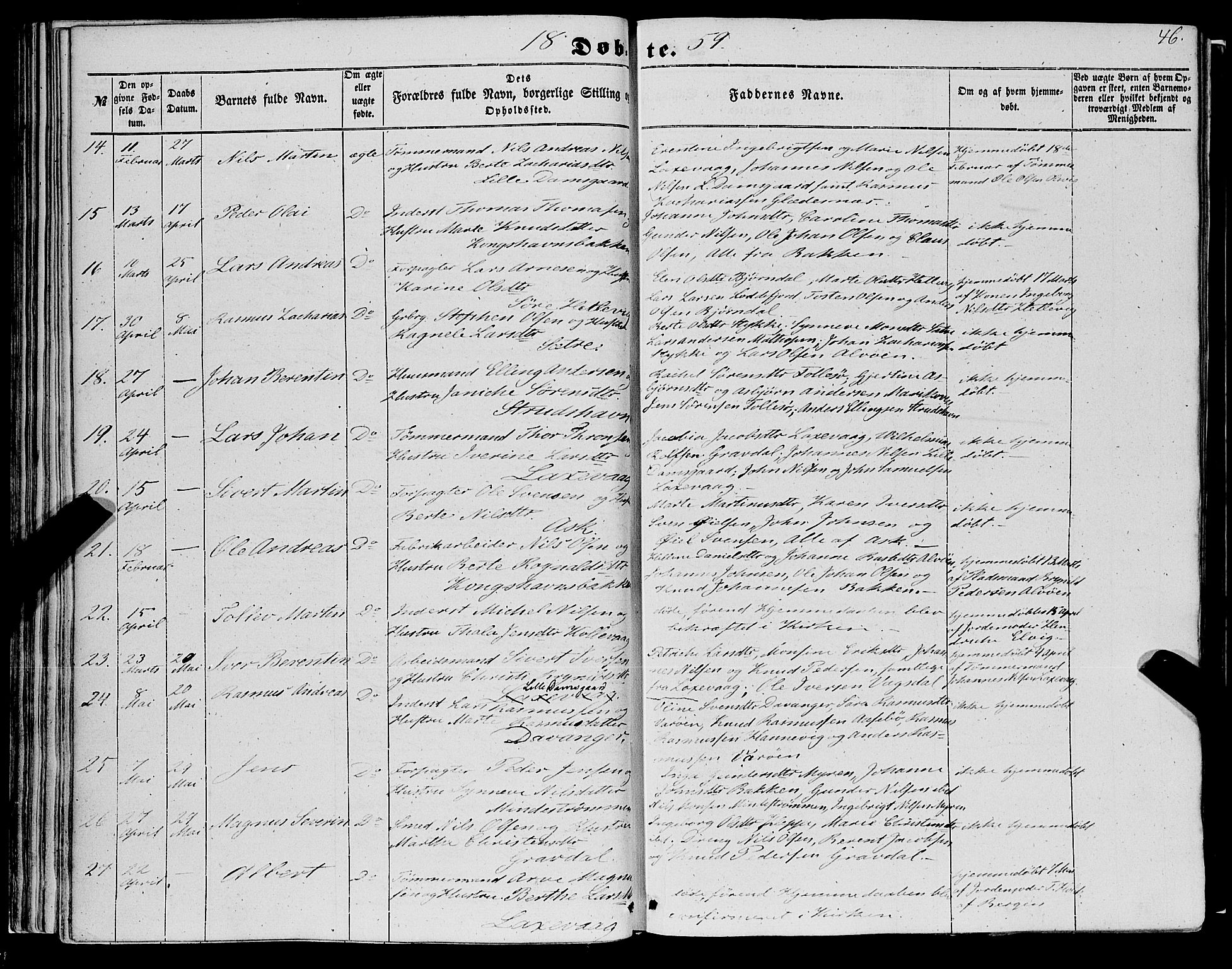 Askøy Sokneprestembete, AV/SAB-A-74101/H/Ha/Haa/Haaa/L0008: Ministerialbok nr. A 8, 1852-1862, s. 46