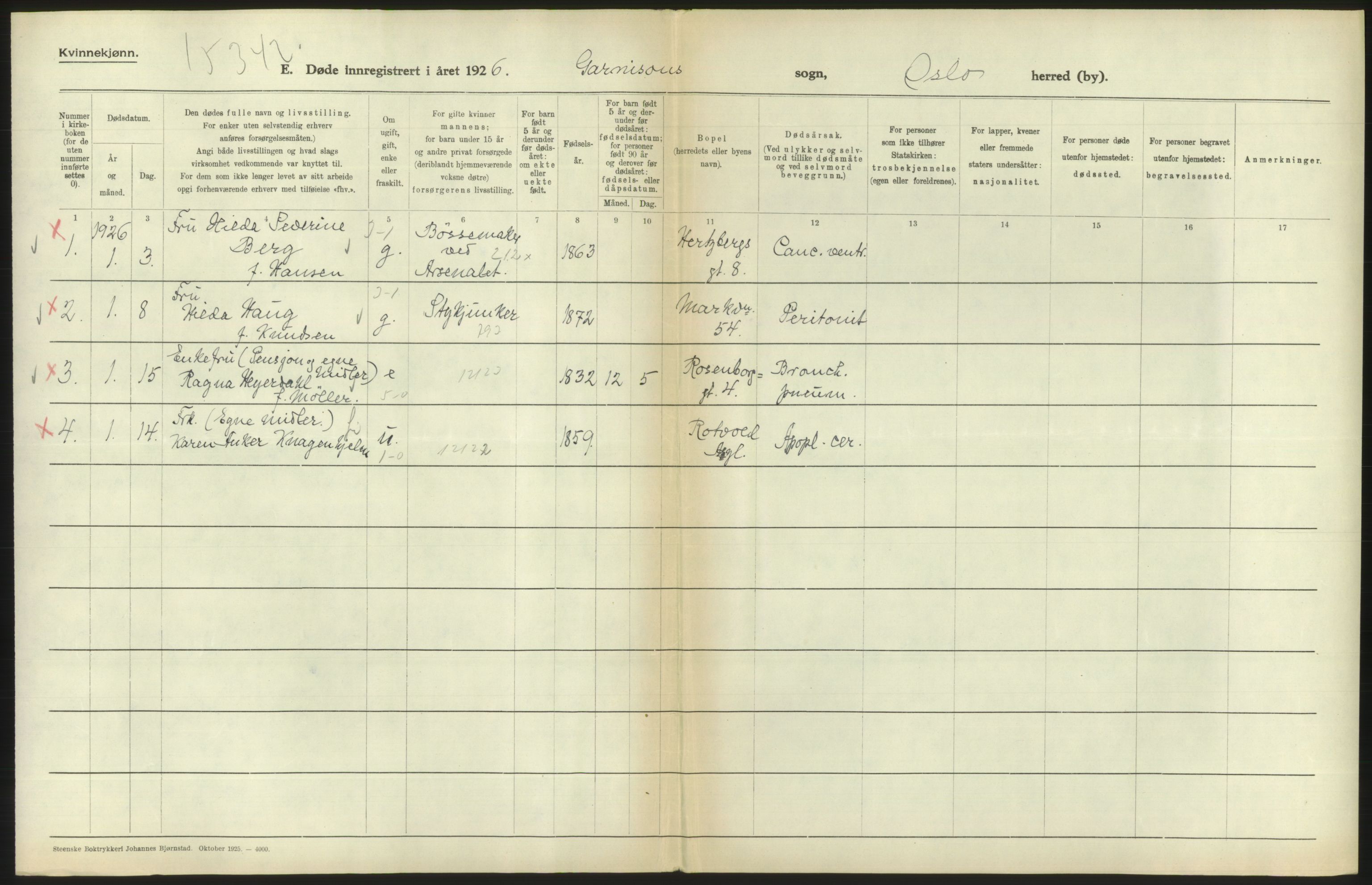 Statistisk sentralbyrå, Sosiodemografiske emner, Befolkning, AV/RA-S-2228/D/Df/Dfc/Dfcf/L0010: Oslo: Døde kvinner, dødfødte, 1926, s. 430