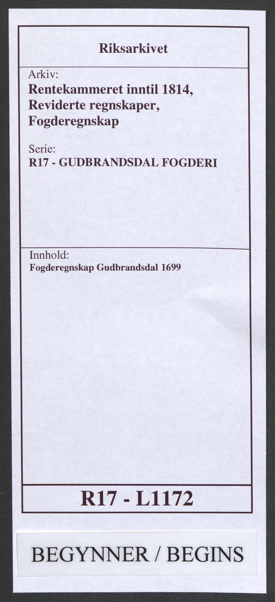 Rentekammeret inntil 1814, Reviderte regnskaper, Fogderegnskap, RA/EA-4092/R17/L1172: Fogderegnskap Gudbrandsdal, 1699, s. 1