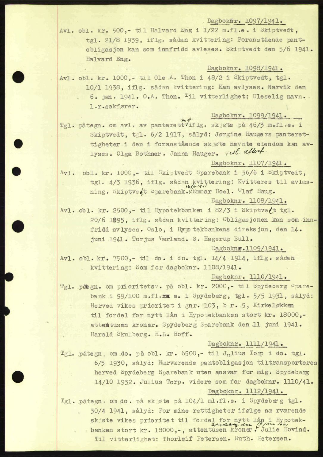 Moss sorenskriveri, SAO/A-10168: Pantebok nr. B10, 1940-1941, Dagboknr: 1097/1941