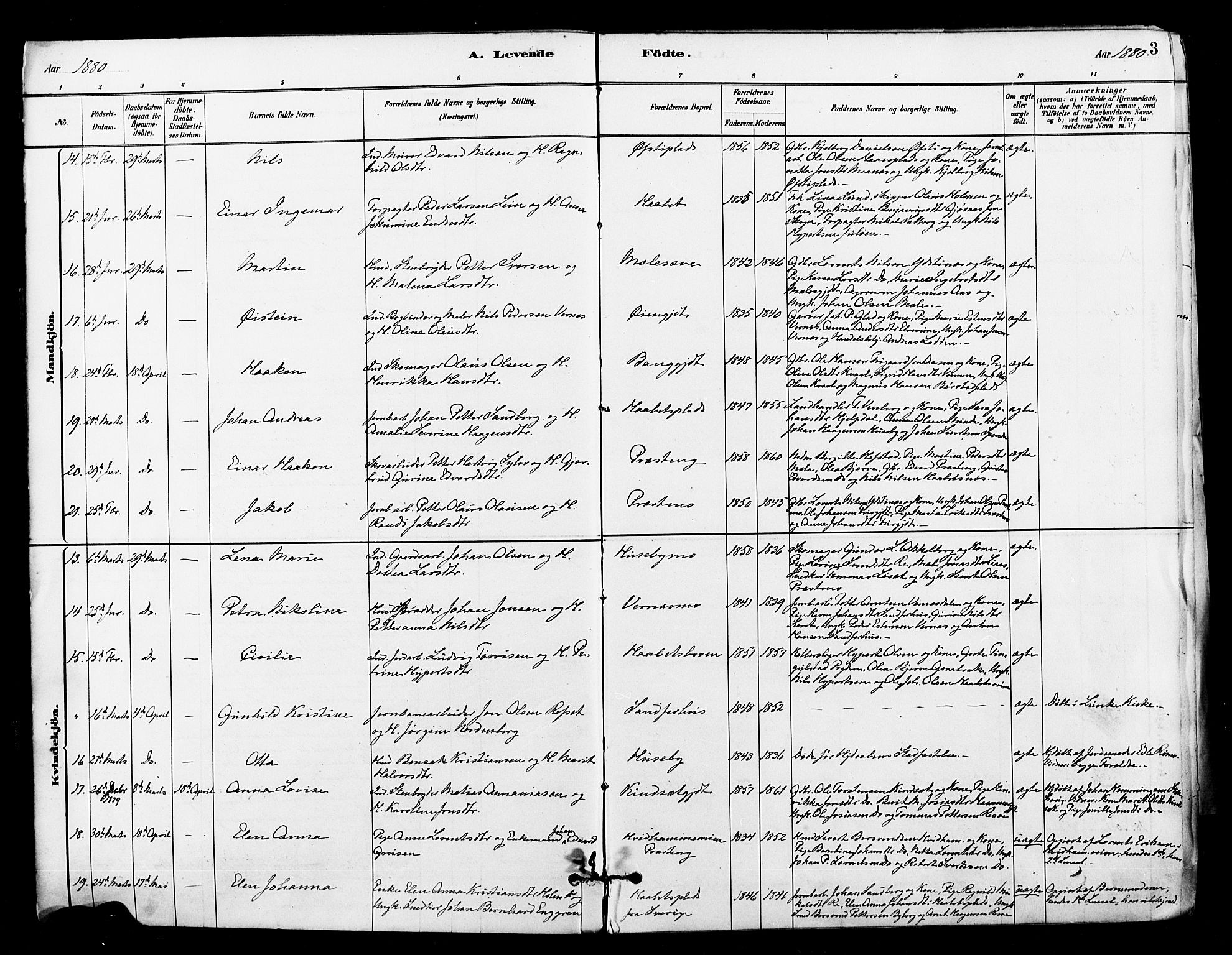 Ministerialprotokoller, klokkerbøker og fødselsregistre - Nord-Trøndelag, SAT/A-1458/709/L0077: Ministerialbok nr. 709A17, 1880-1895, s. 3
