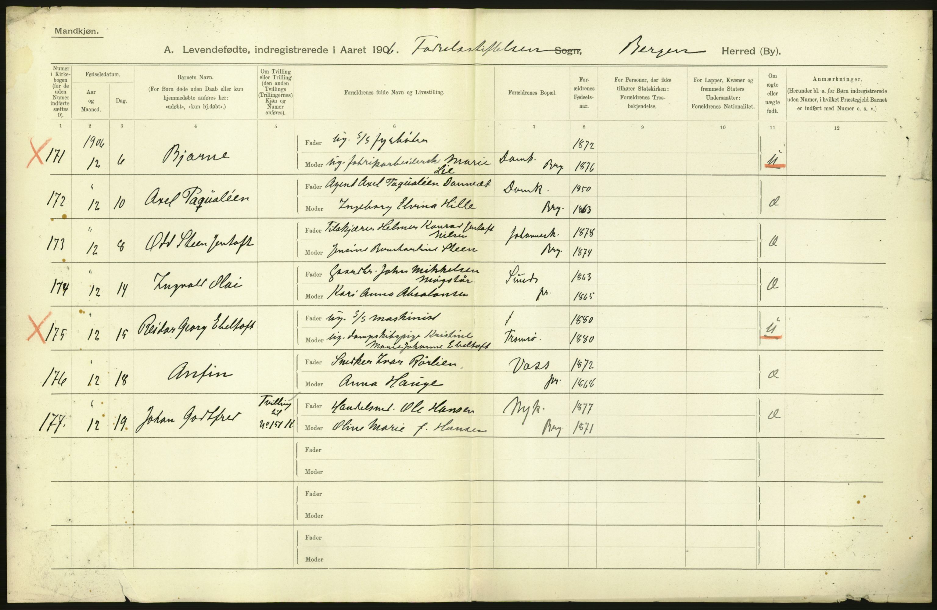 Statistisk sentralbyrå, Sosiodemografiske emner, Befolkning, AV/RA-S-2228/D/Df/Dfa/Dfad/L0031: Bergen: Levendefødte menn og kvinner., 1906, s. 2