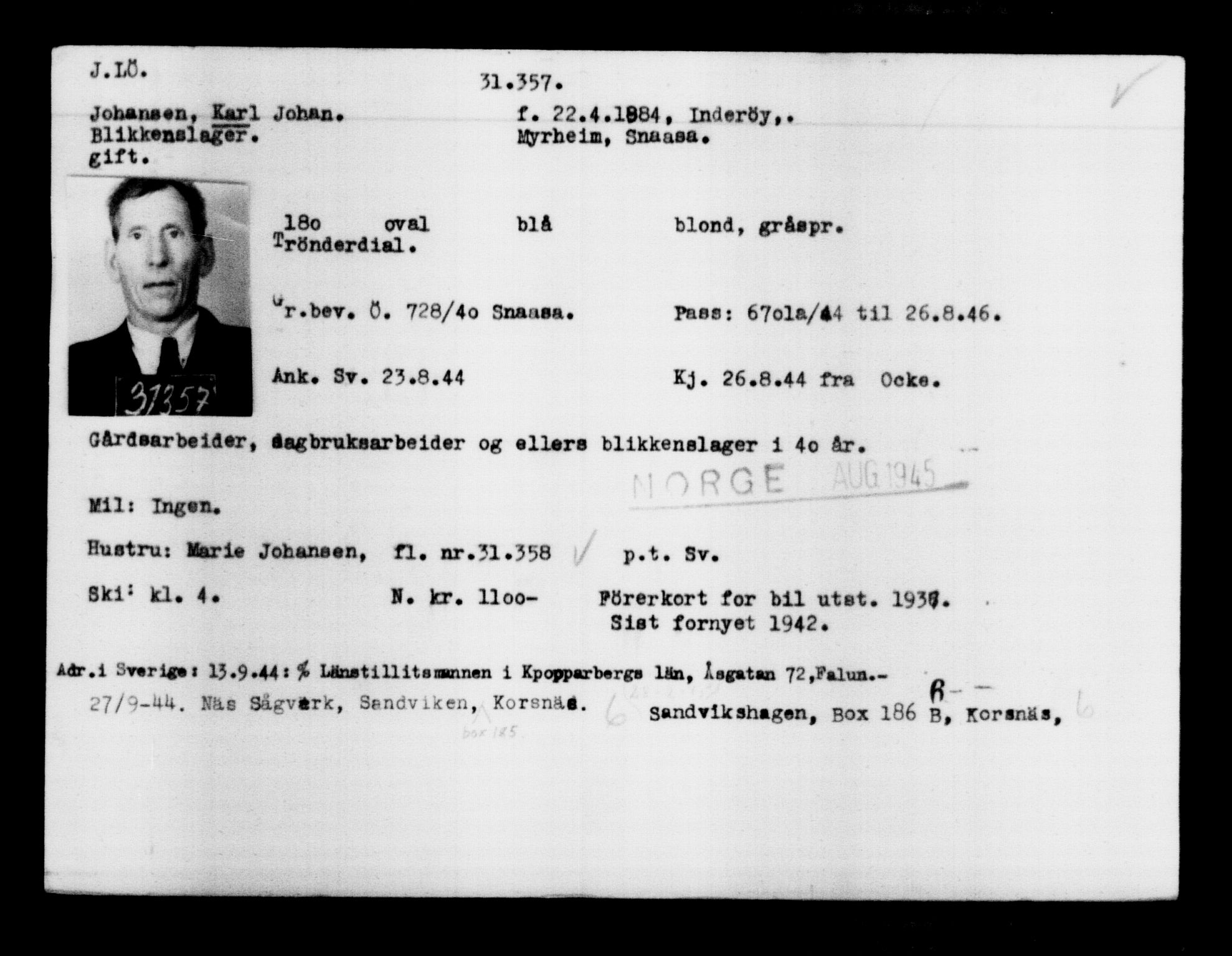 Utenriksstasjonene, Legasjonen i Stockholm, Flyktningkontoret, AV/RA-S-6753/V/Va/L0012: Kjesäterkartoteket, flyktninger med registreringsnr. 28300-31566, 1940-1945, s. 3310