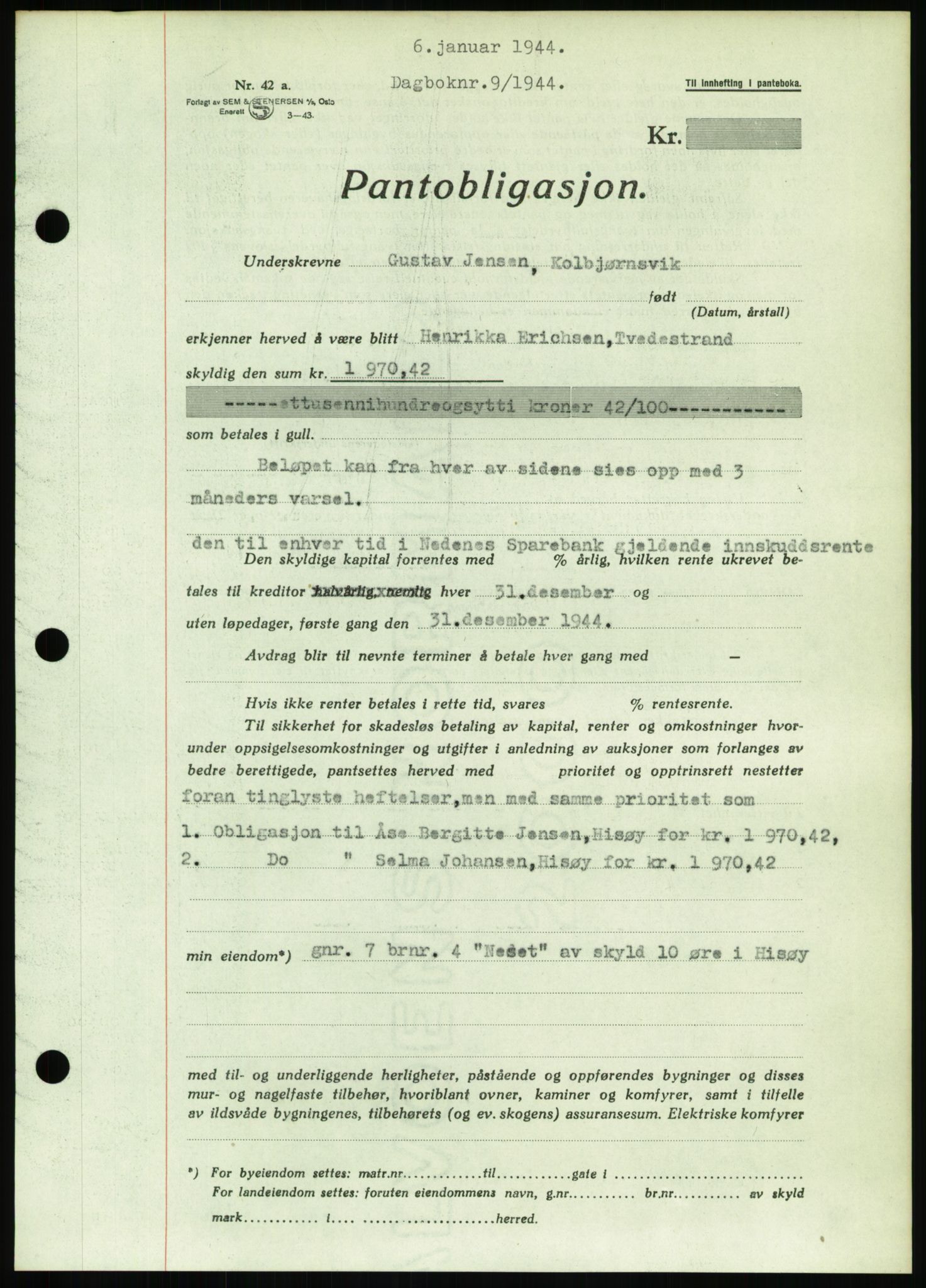 Nedenes sorenskriveri, SAK/1221-0006/G/Gb/Gbb/L0002: Pantebok nr. II, 1942-1945, Dagboknr: 9/1944